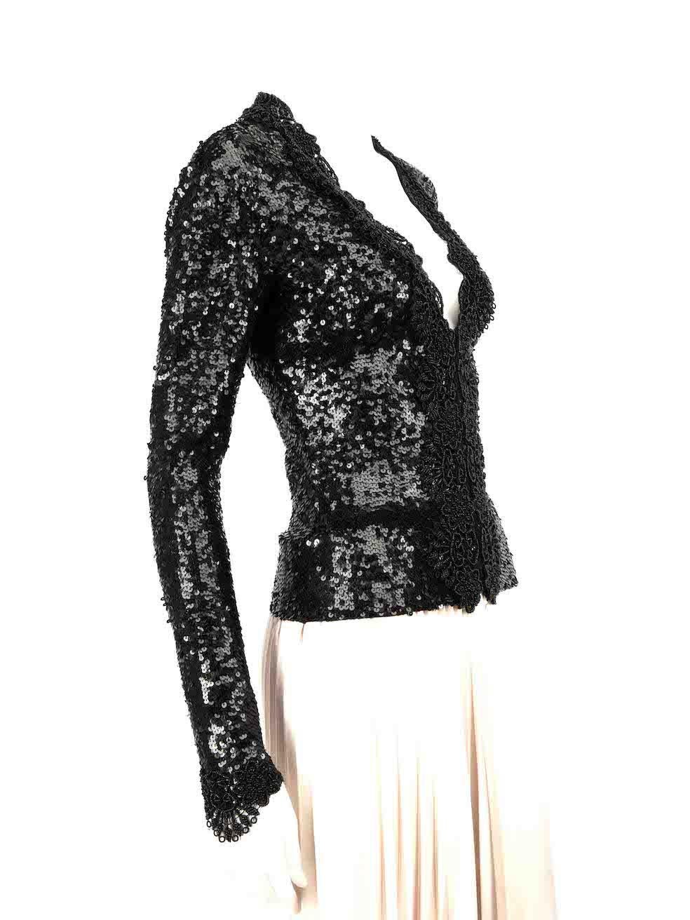 CONDITION is Very good. Minimal wear to cardigan is evident. Minimal wear to the left side (as worn) sleeve hem, where the beaded lace embellishment has partially detached on this used PAROSH designer resale item.
 
 
 
 Details
 
 
 Black
 
