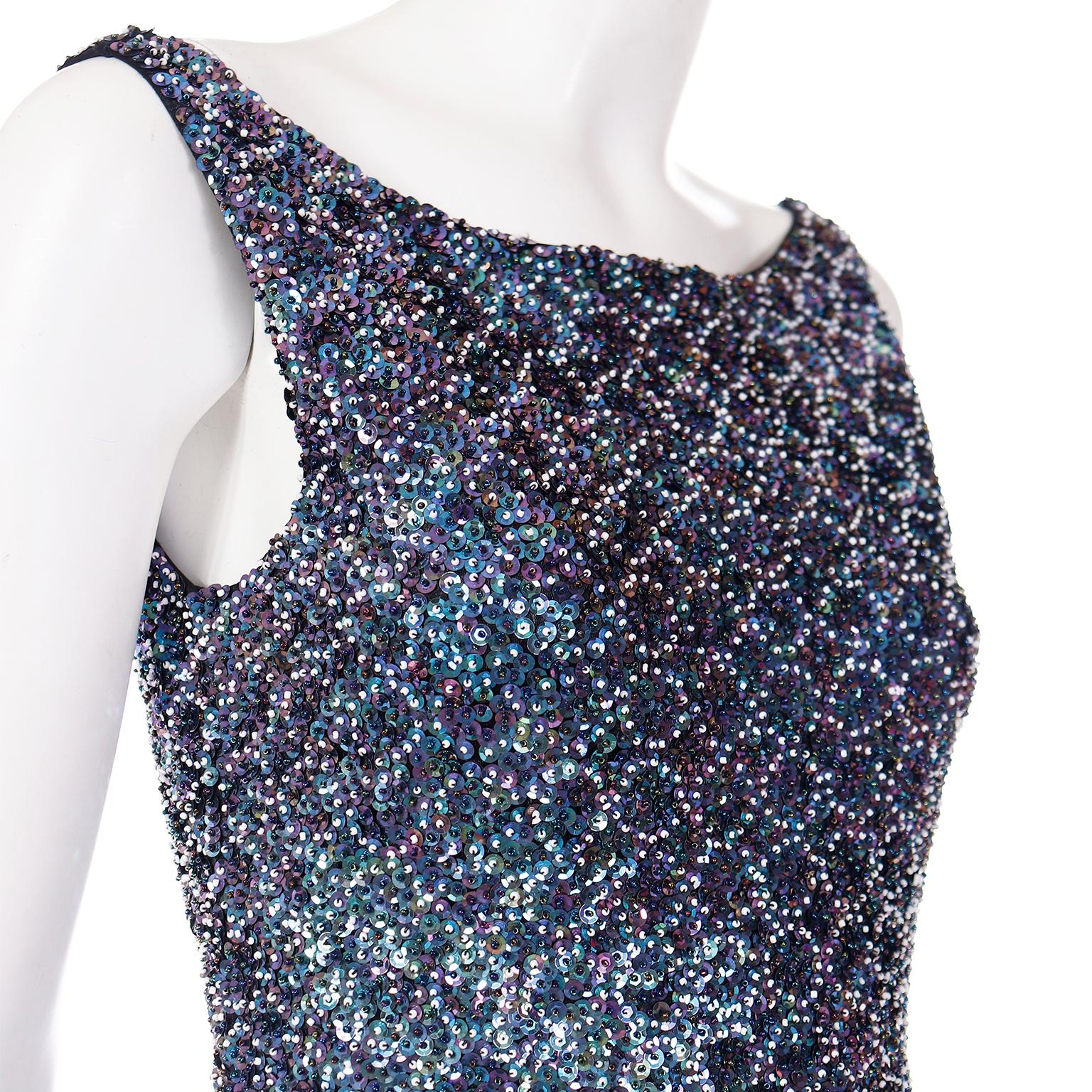 P.A.R.O.S.H. Iridescent Blue & Purple Fully Beaded Evening Dress In Excellent Condition In Portland, OR