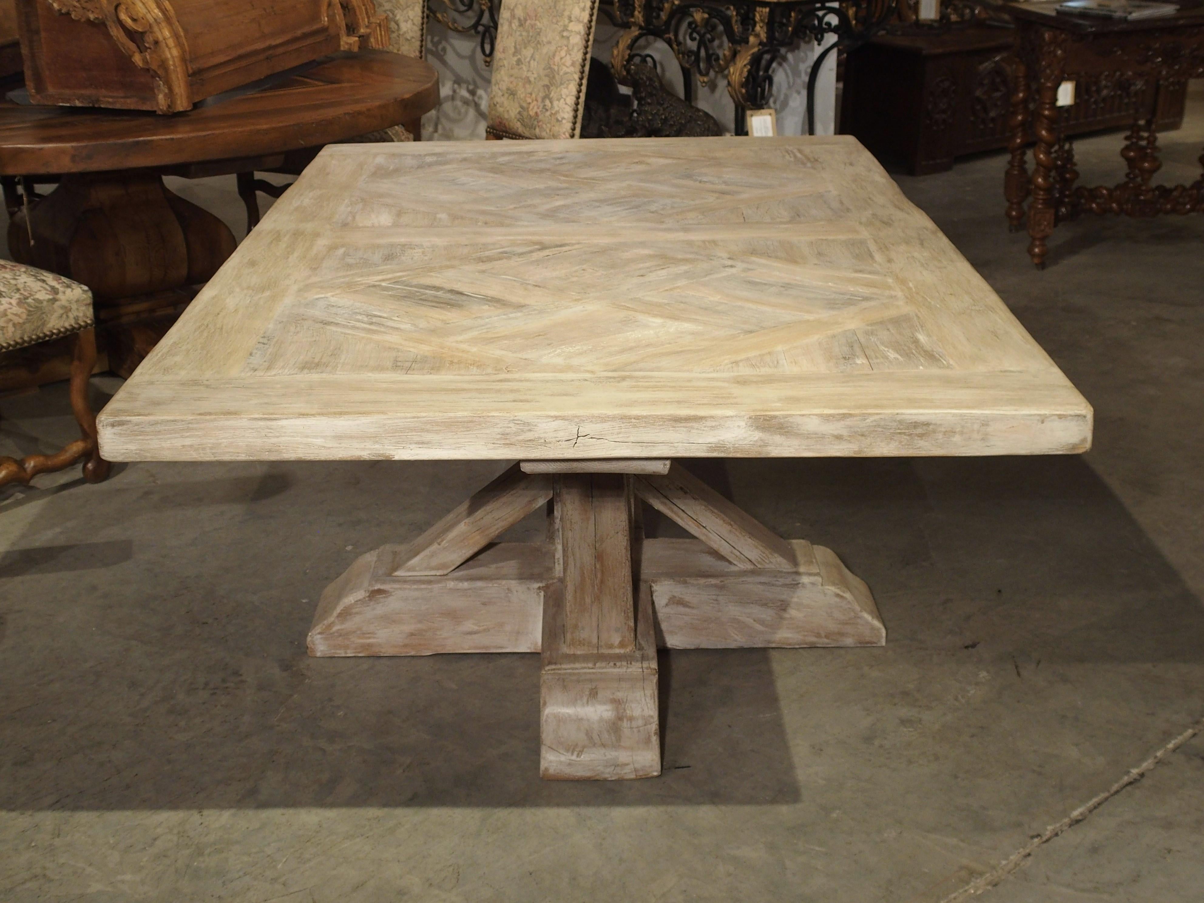 Parquet Top Pedestal Table from France in Whitewashed Oak 5