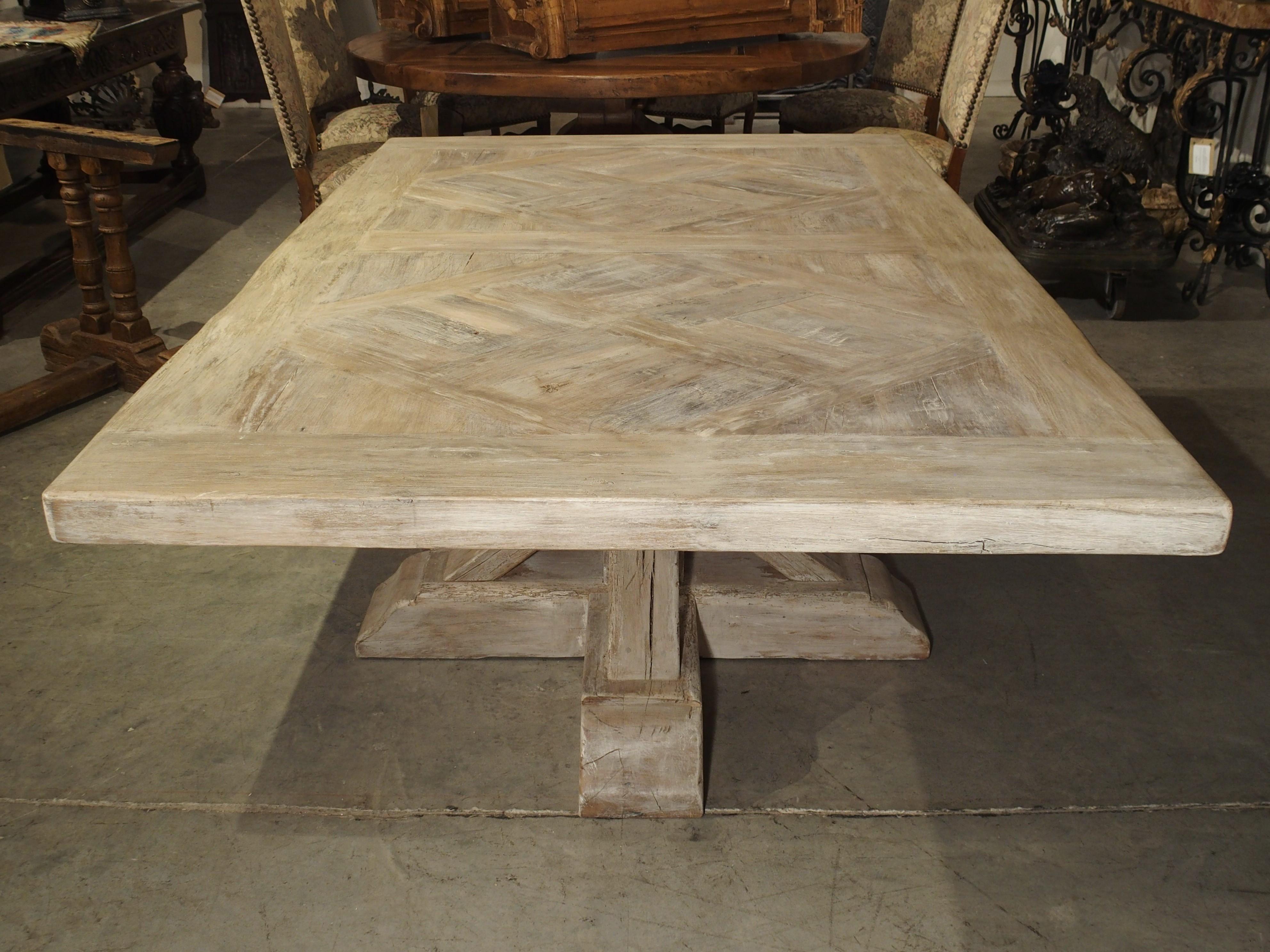 French Parquet Top Pedestal Table from France in Whitewashed Oak