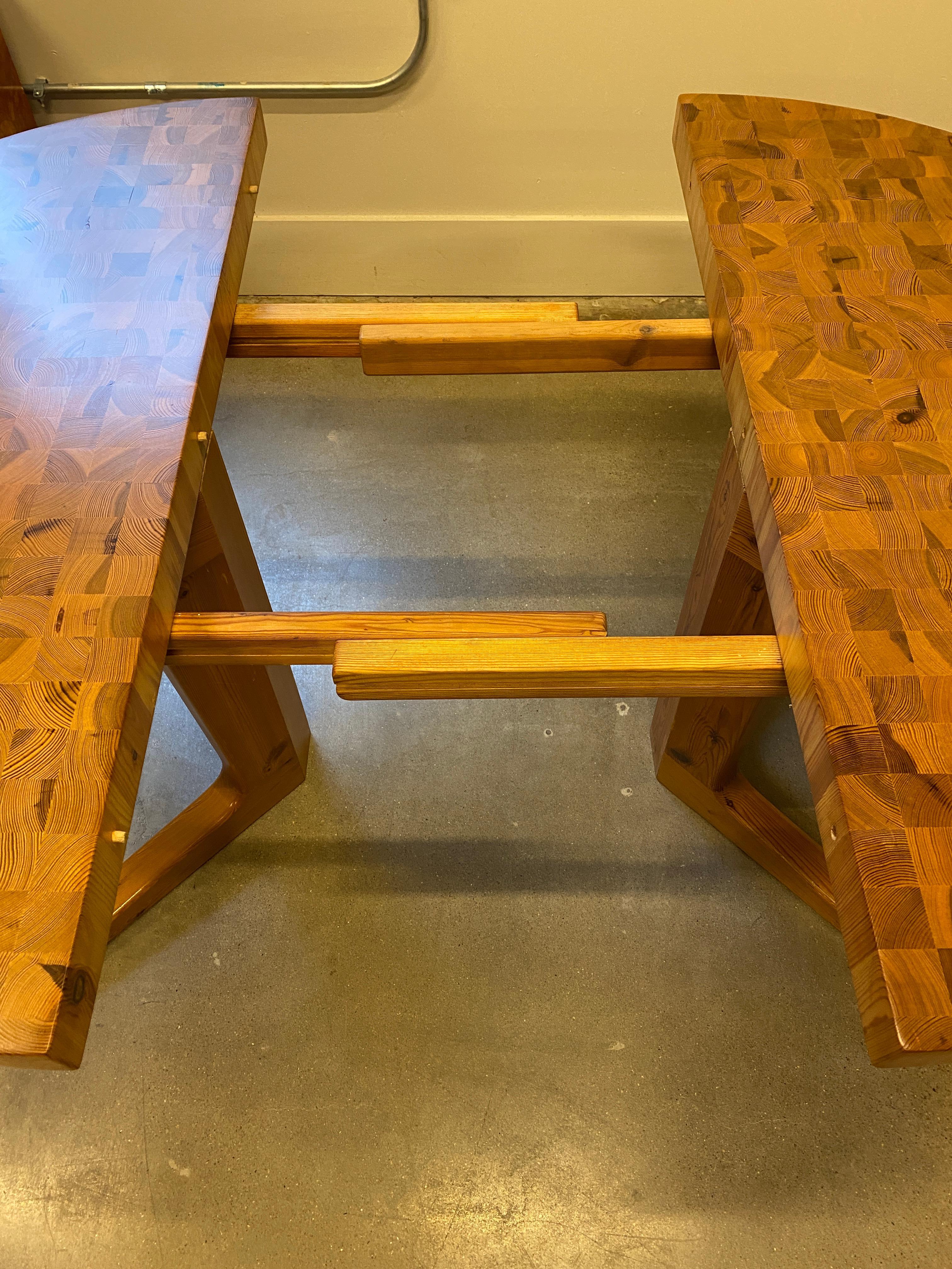 Parquet Wood Block Pine Dining Table, with Leaf, 1970s 3