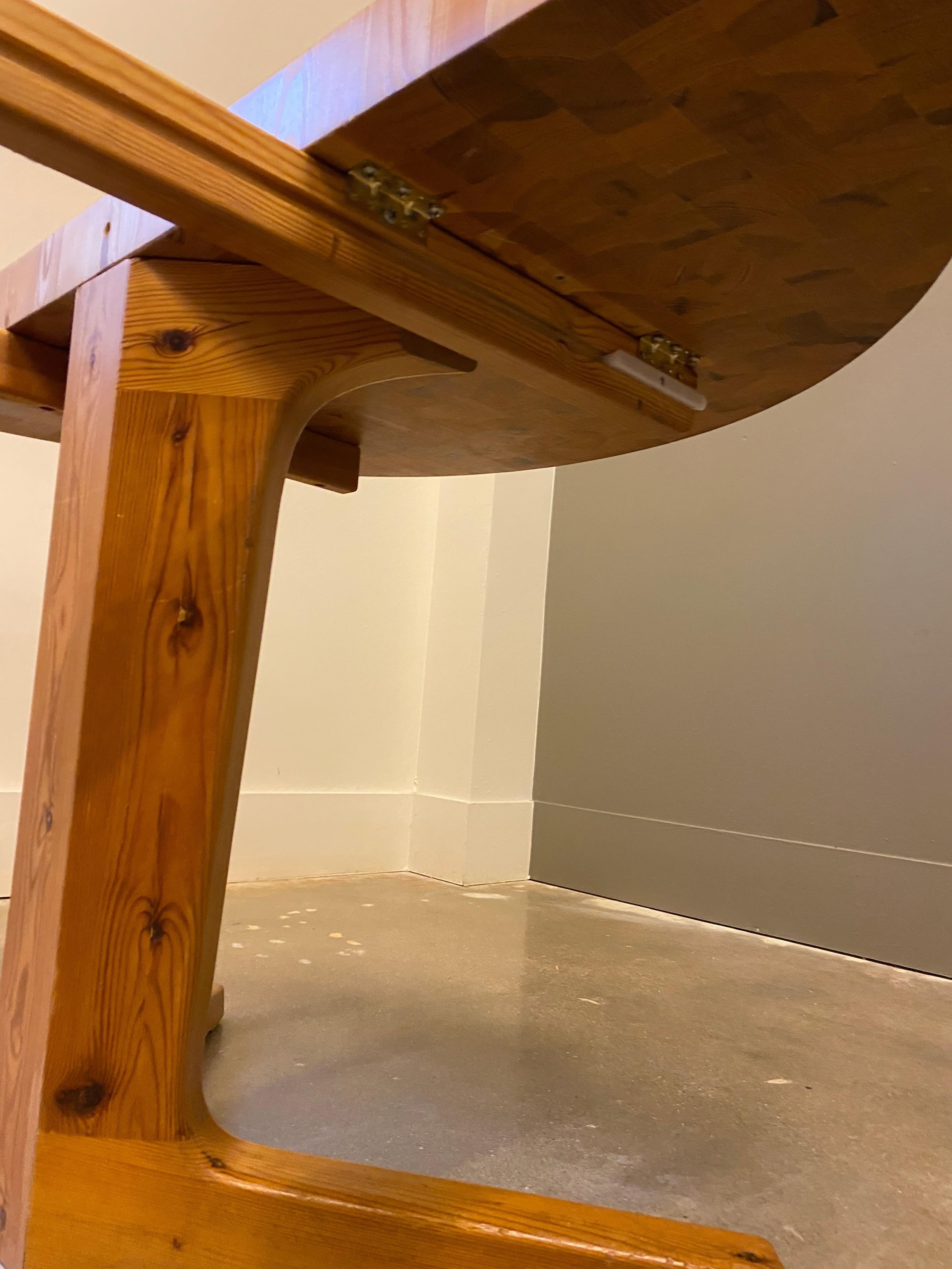 Parquet Wood Block Pine Dining Table, with Leaf, 1970s 4