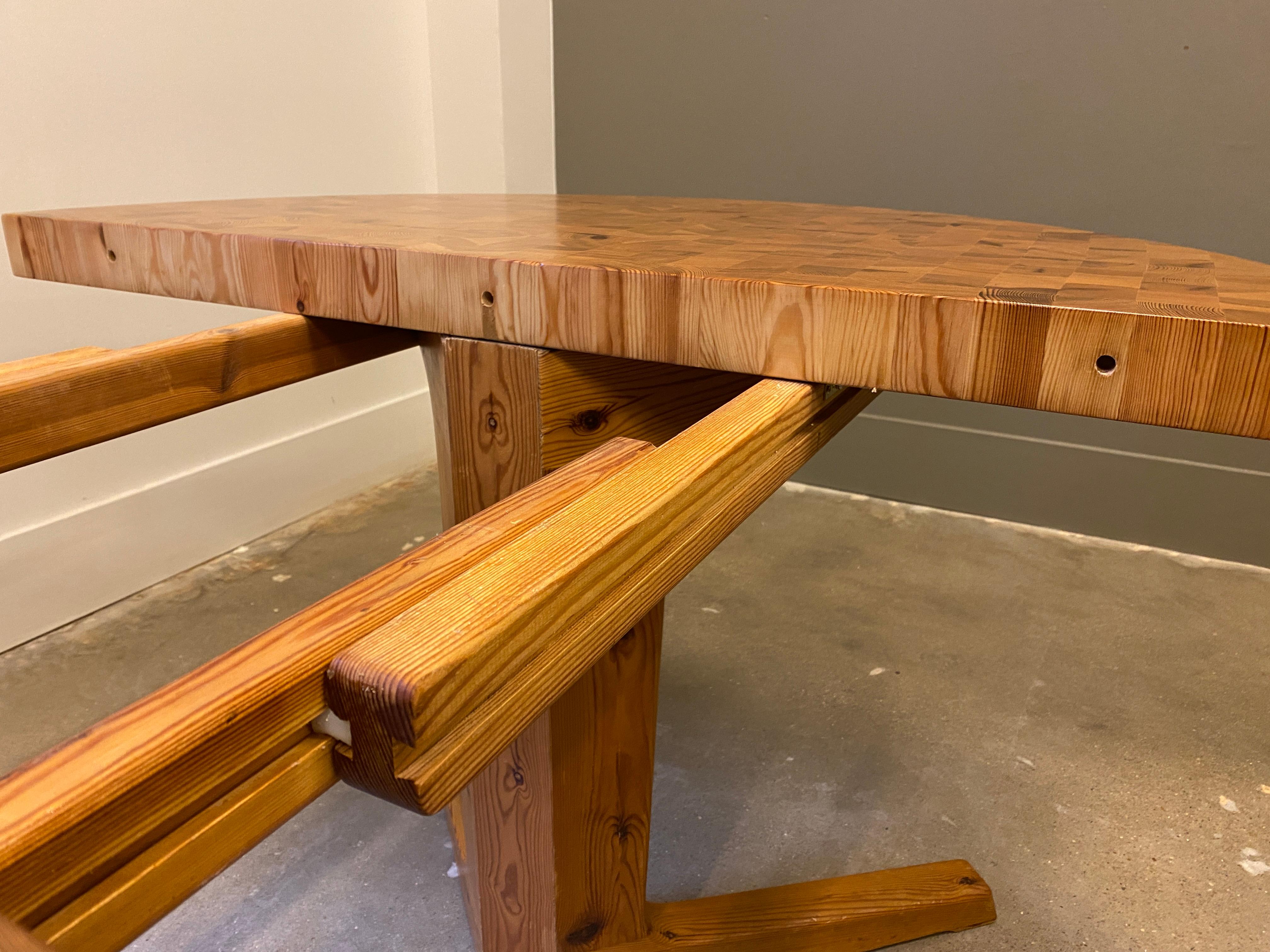 Parquet Wood Block Pine Dining Table, with Leaf, 1970s 5