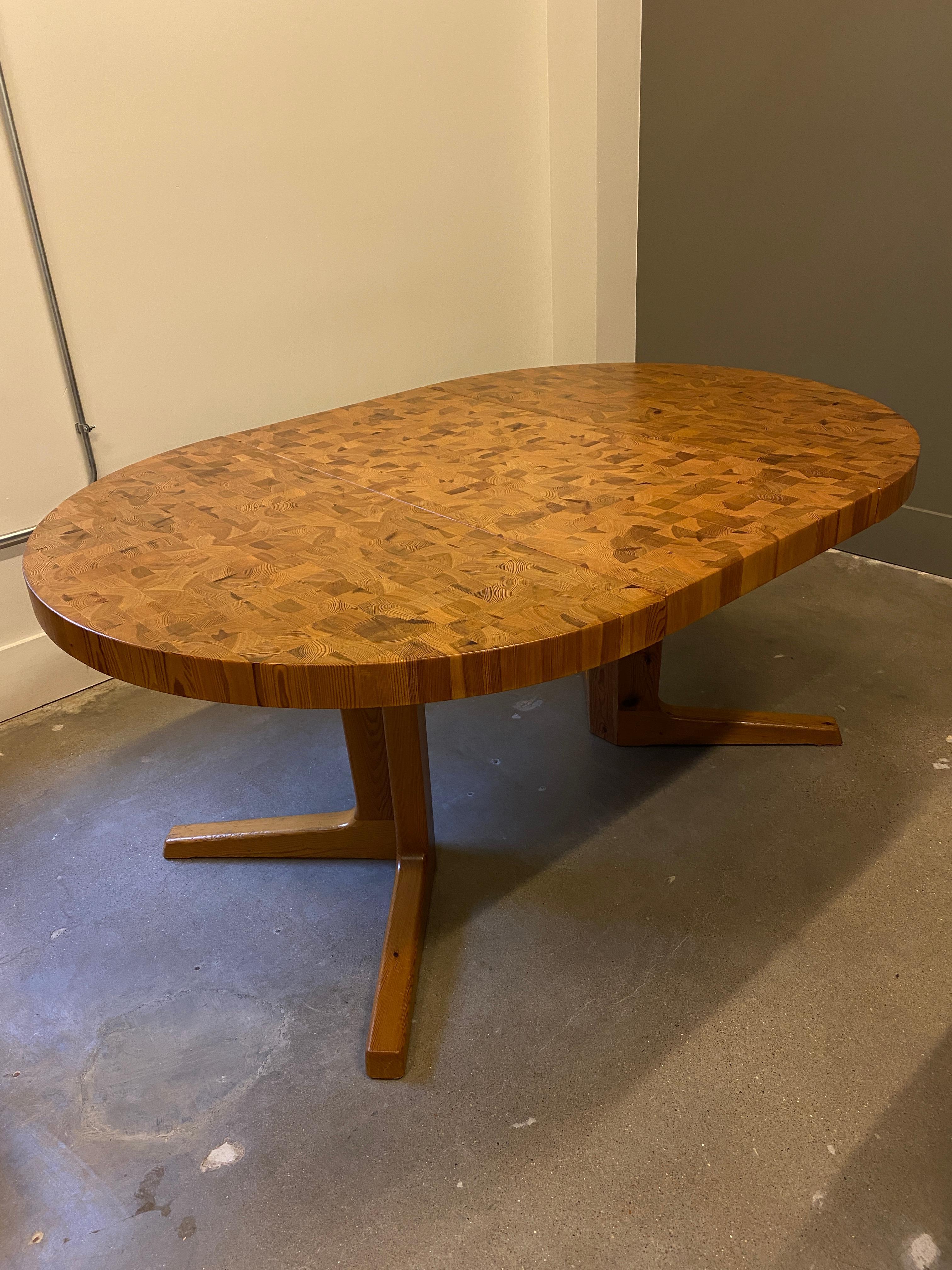 Parquet Wood Block Pine Dining Table, with Leaf, 1970s 7