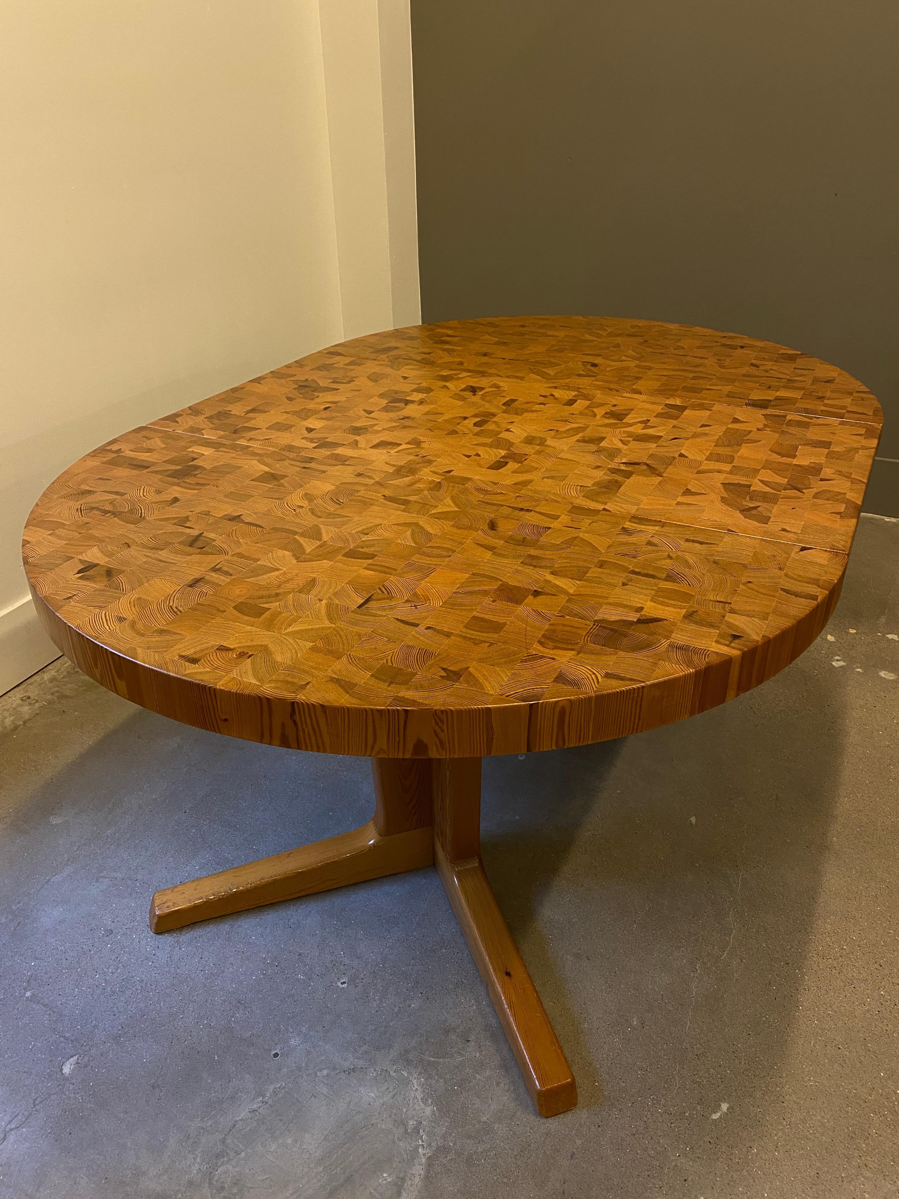 Parquet Wood Block Pine Dining Table, with Leaf, 1970s 8