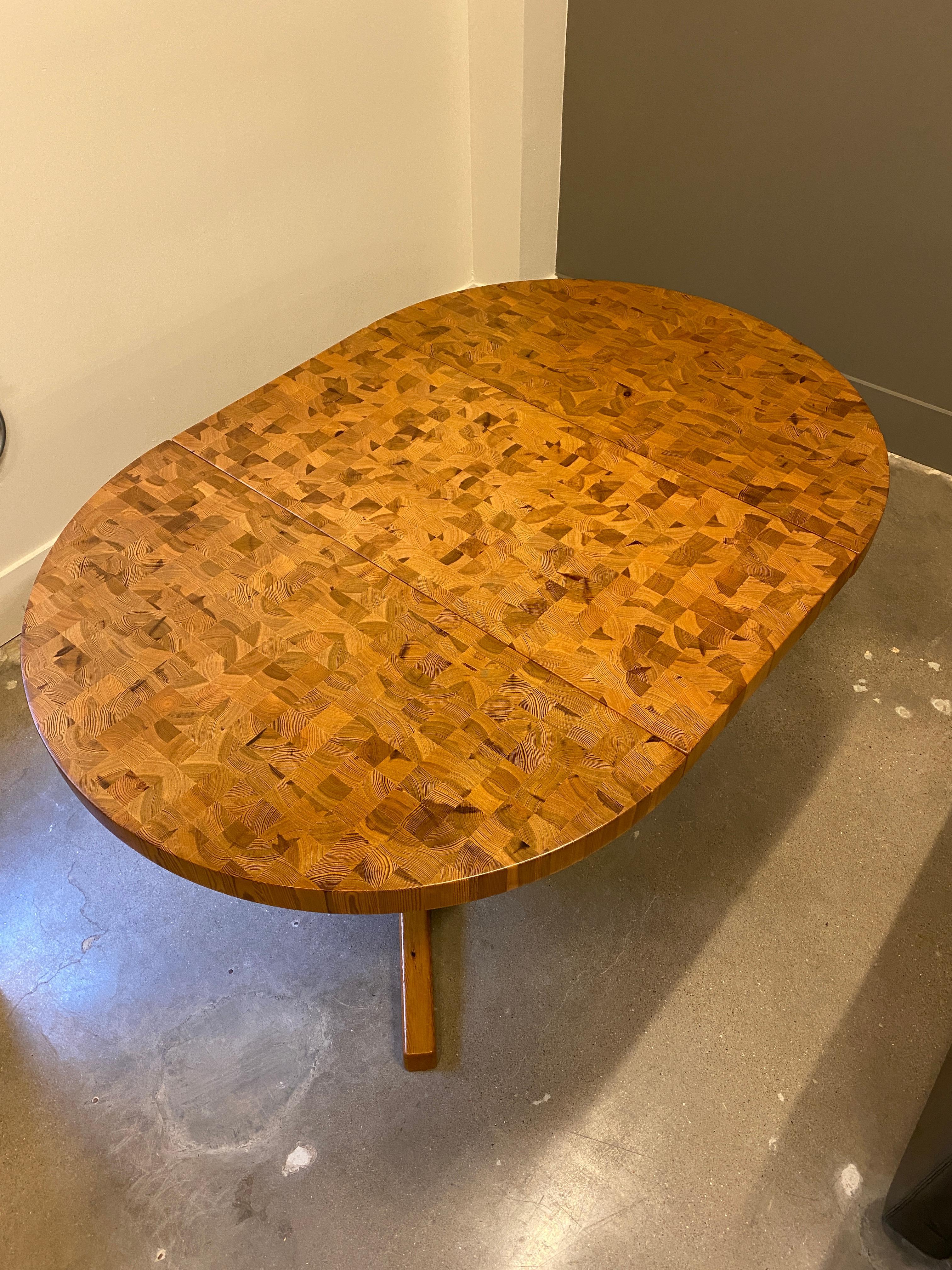 Parquet Wood Block Pine Dining Table, with Leaf, 1970s 9