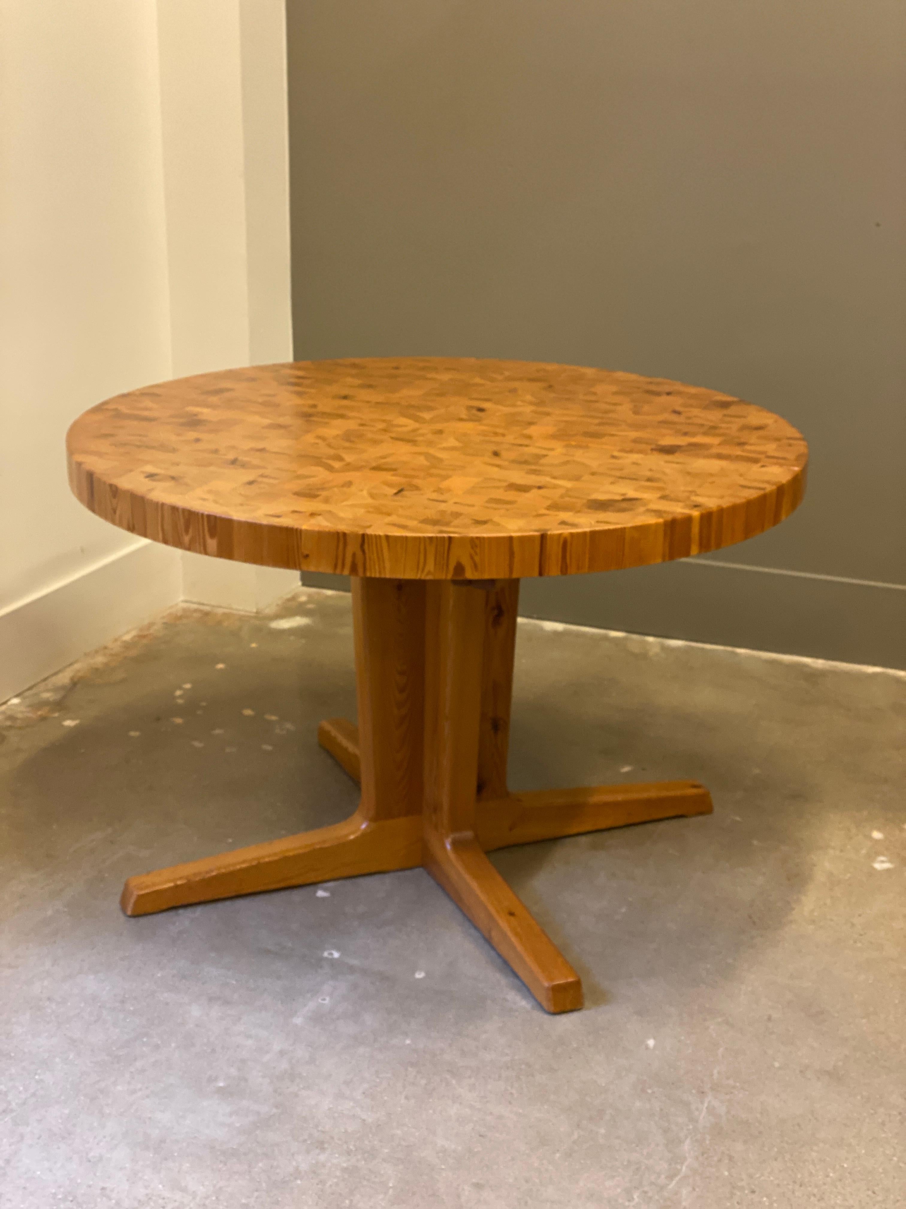 Mid-Century Modern Parquet Wood Block Pine Dining Table, with Leaf, 1970s
