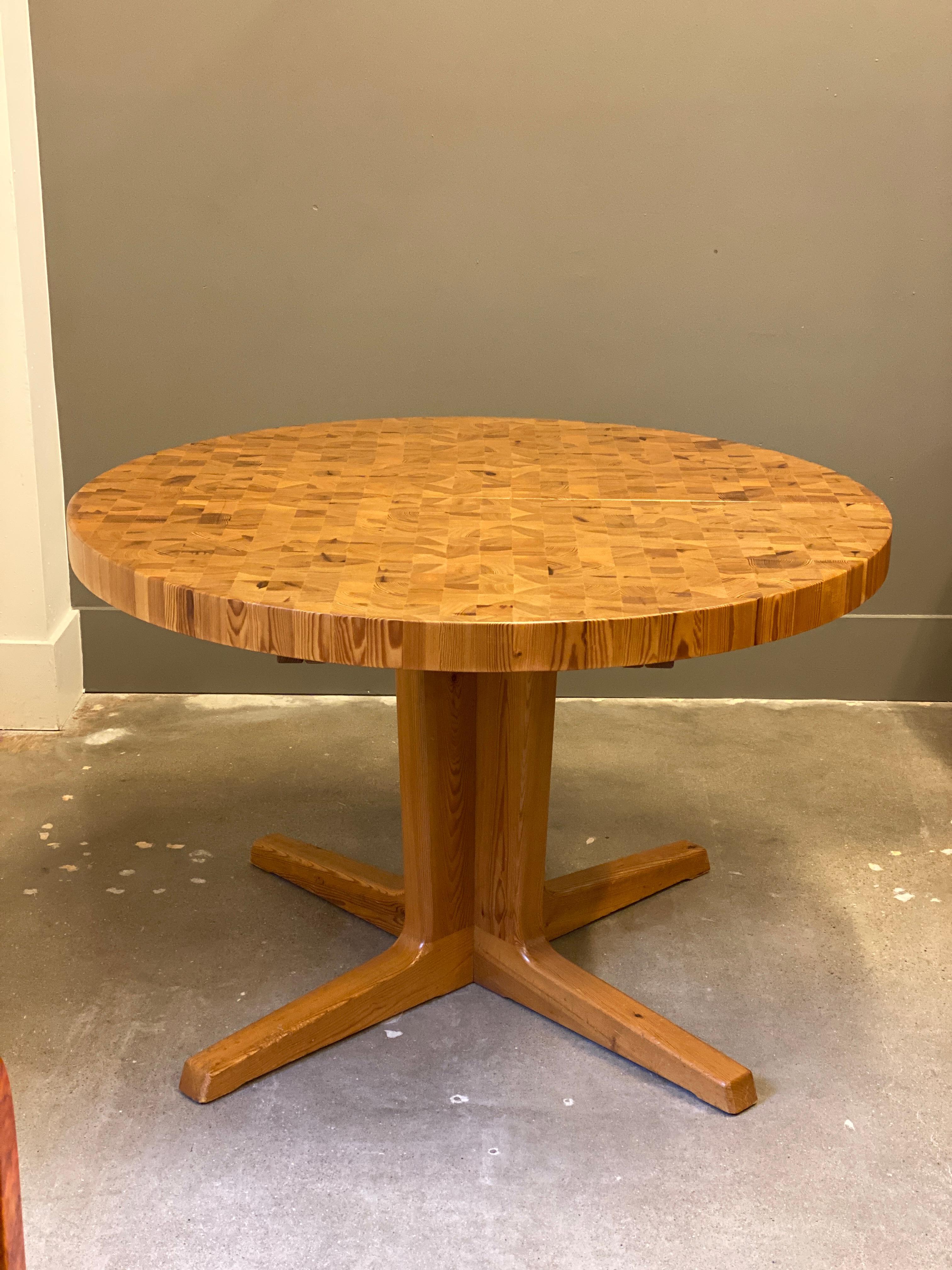 European Parquet Wood Block Pine Dining Table, with Leaf, 1970s