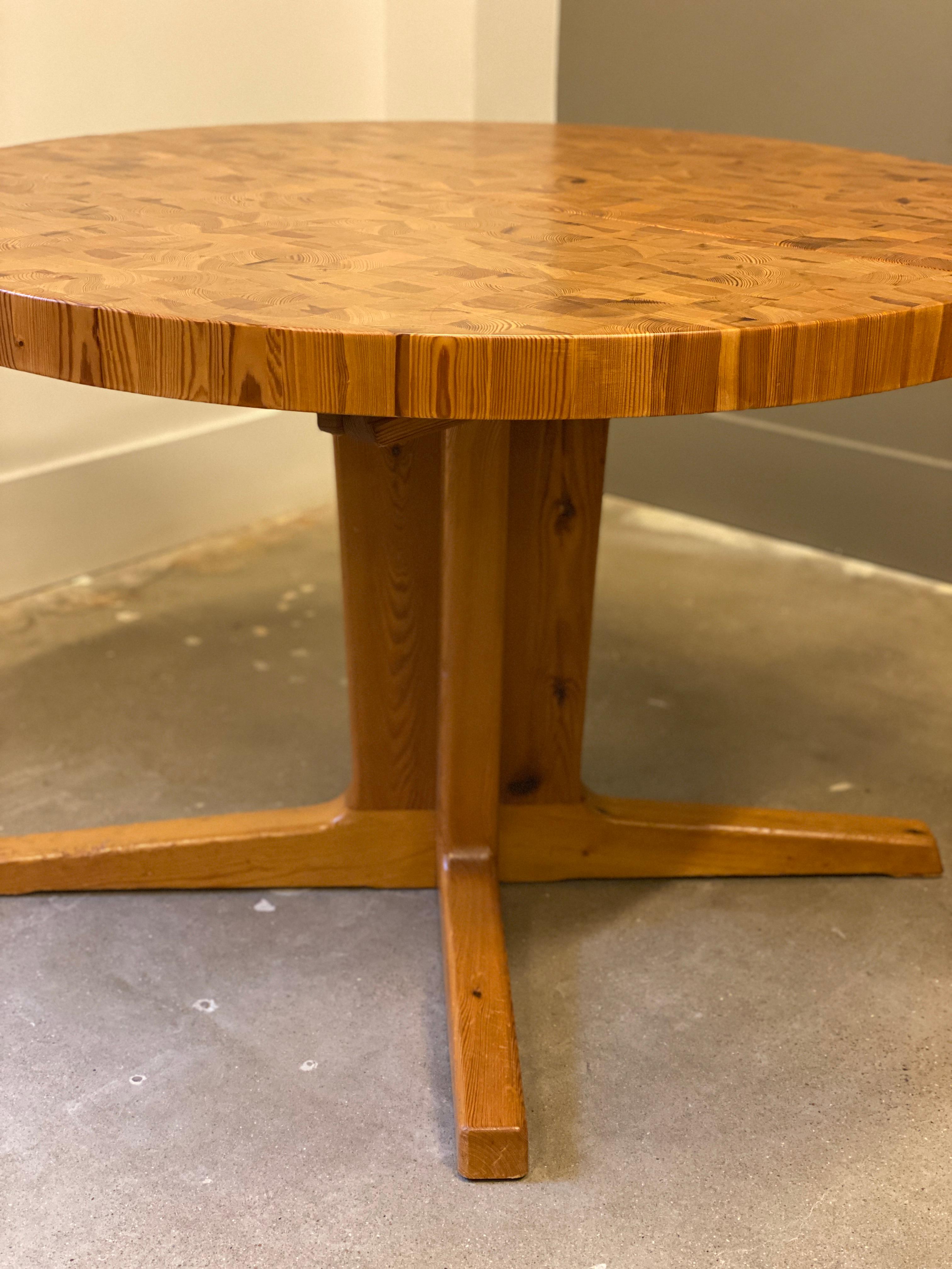 Parquetry Parquet Wood Block Pine Dining Table, with Leaf, 1970s