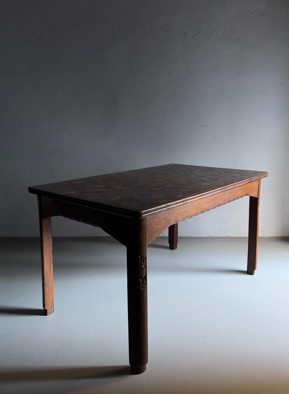 20th Century Parquetry Carved Oak Dining Table, Netherlands For Sale