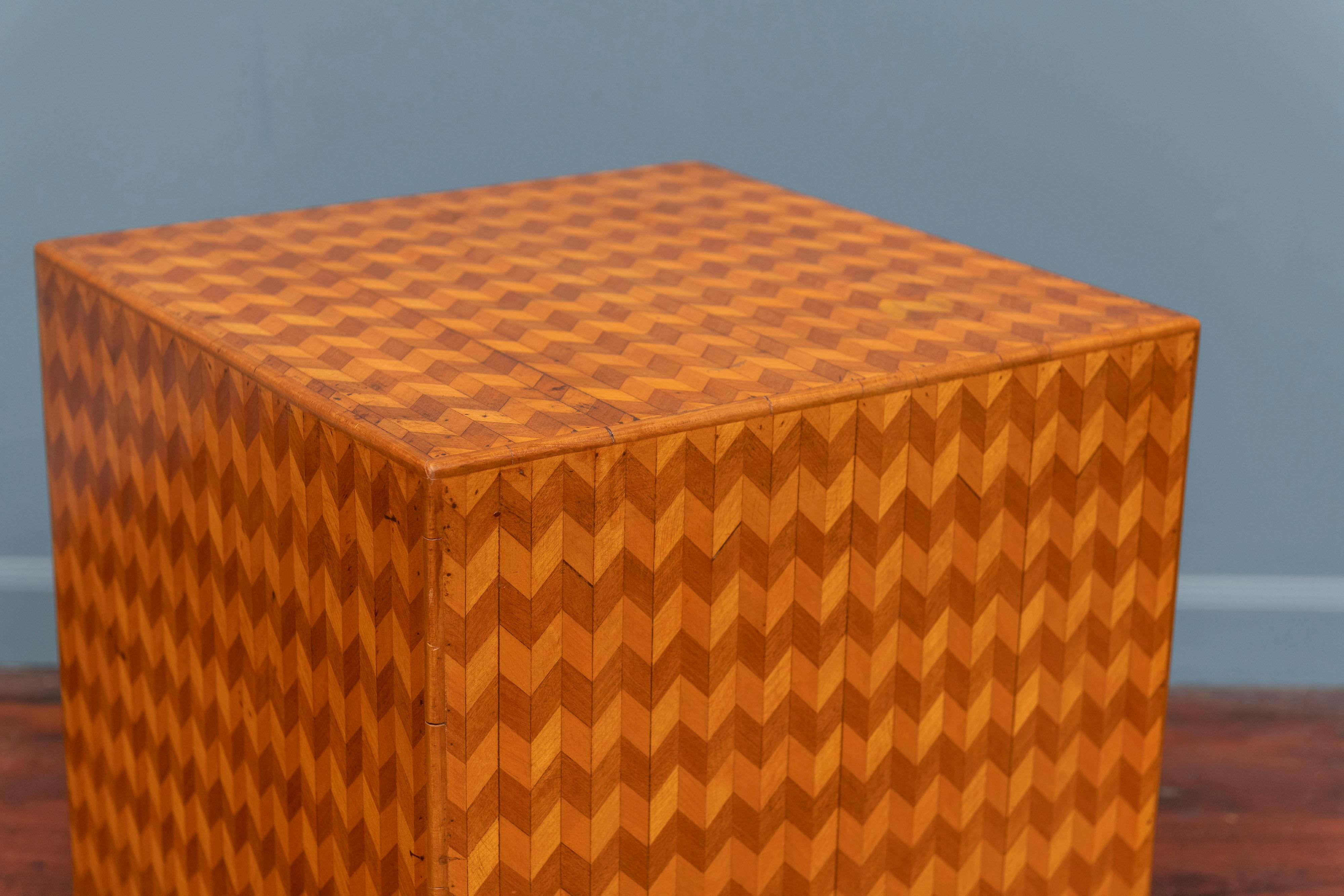 Parquetry cube form side table, Italy. In very good vintage condition with wear commensurate with use.
