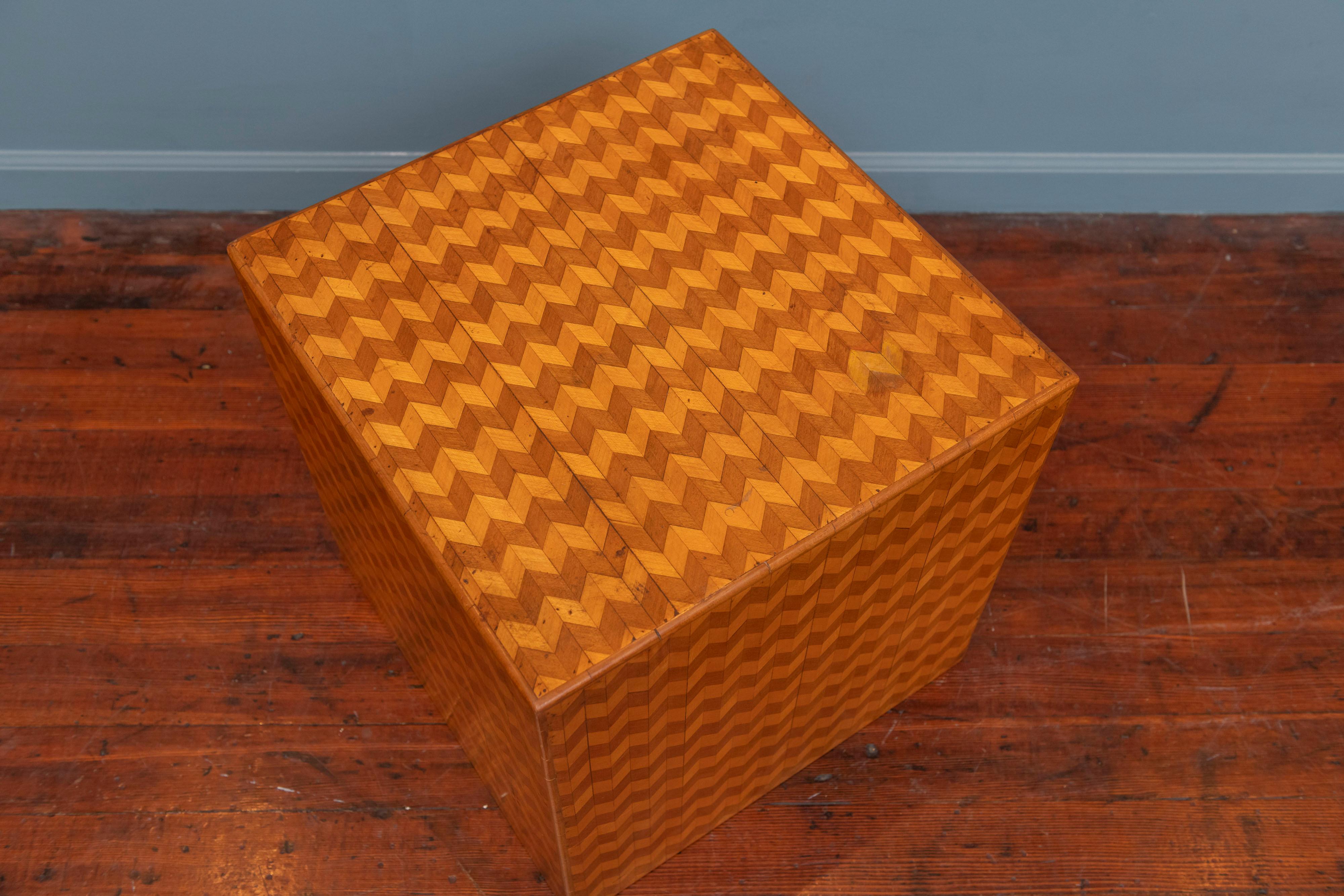Mid-Century Modern Parquetry Cube Form Side Table