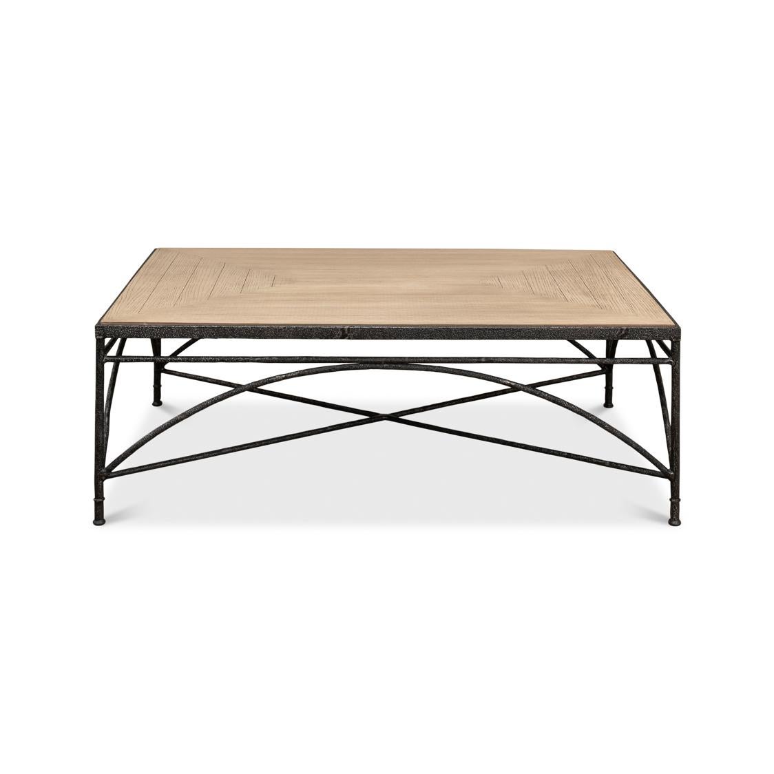 Featuring a light wood color Pine top that offers both durability and a warm, inviting look on an iron base. The robust black metal frame base gives a nod to classic craftsmanship with its intricate cross-bracing detail, promising stability and