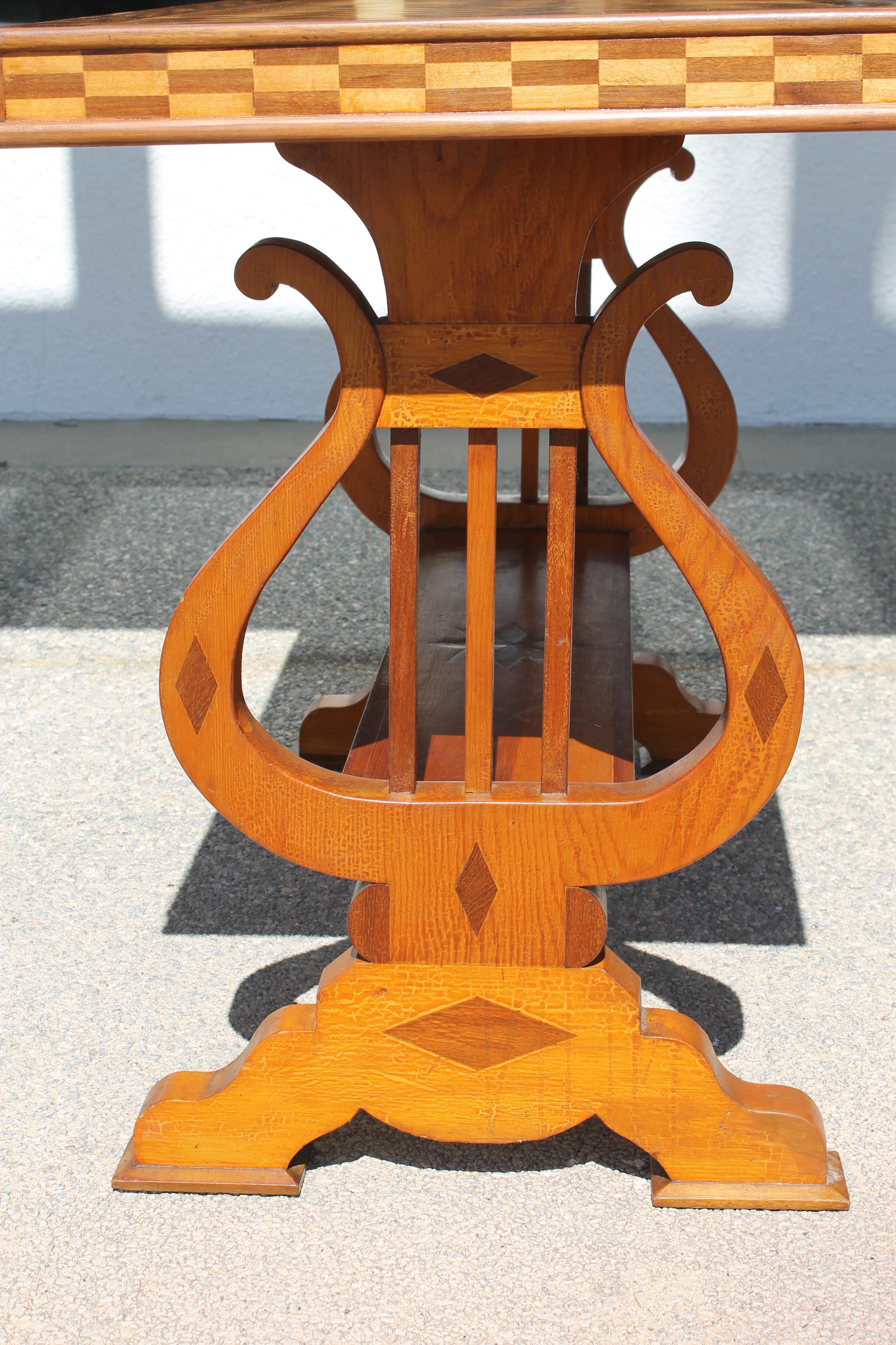 American Craftsman Parquetry Table with Harp/Lyre Supports For Sale