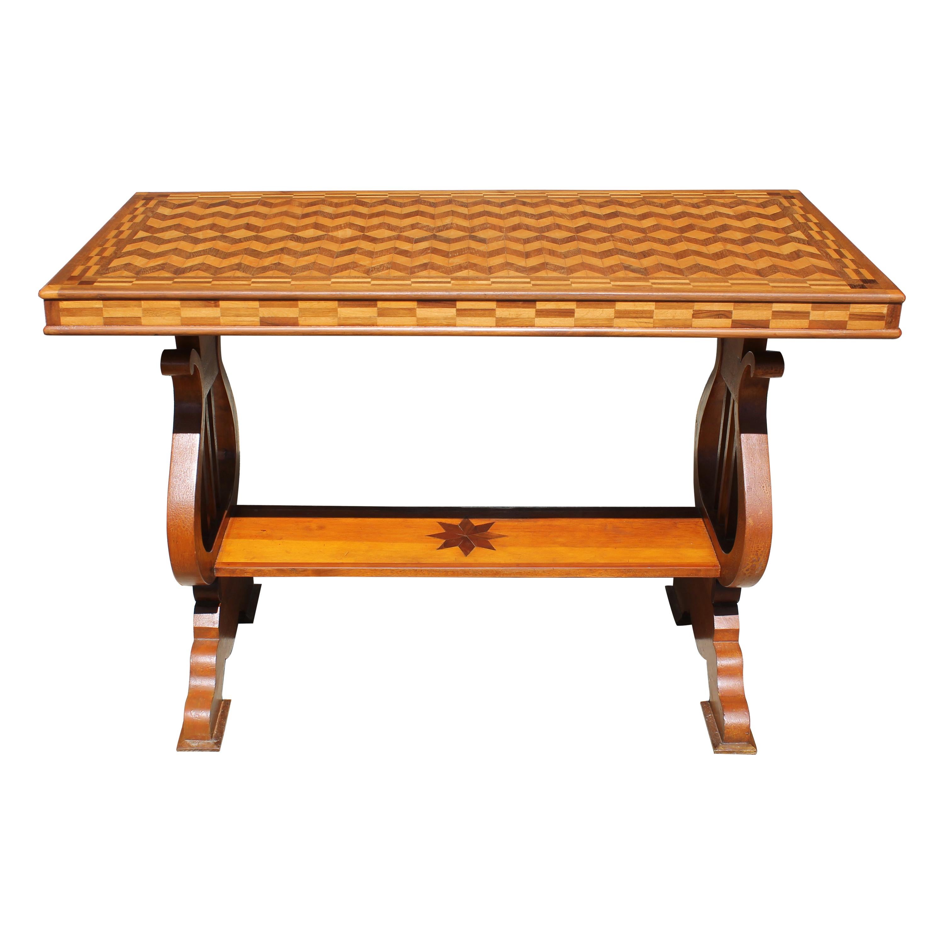 Parquetry Table with Harp/Lyre Supports
