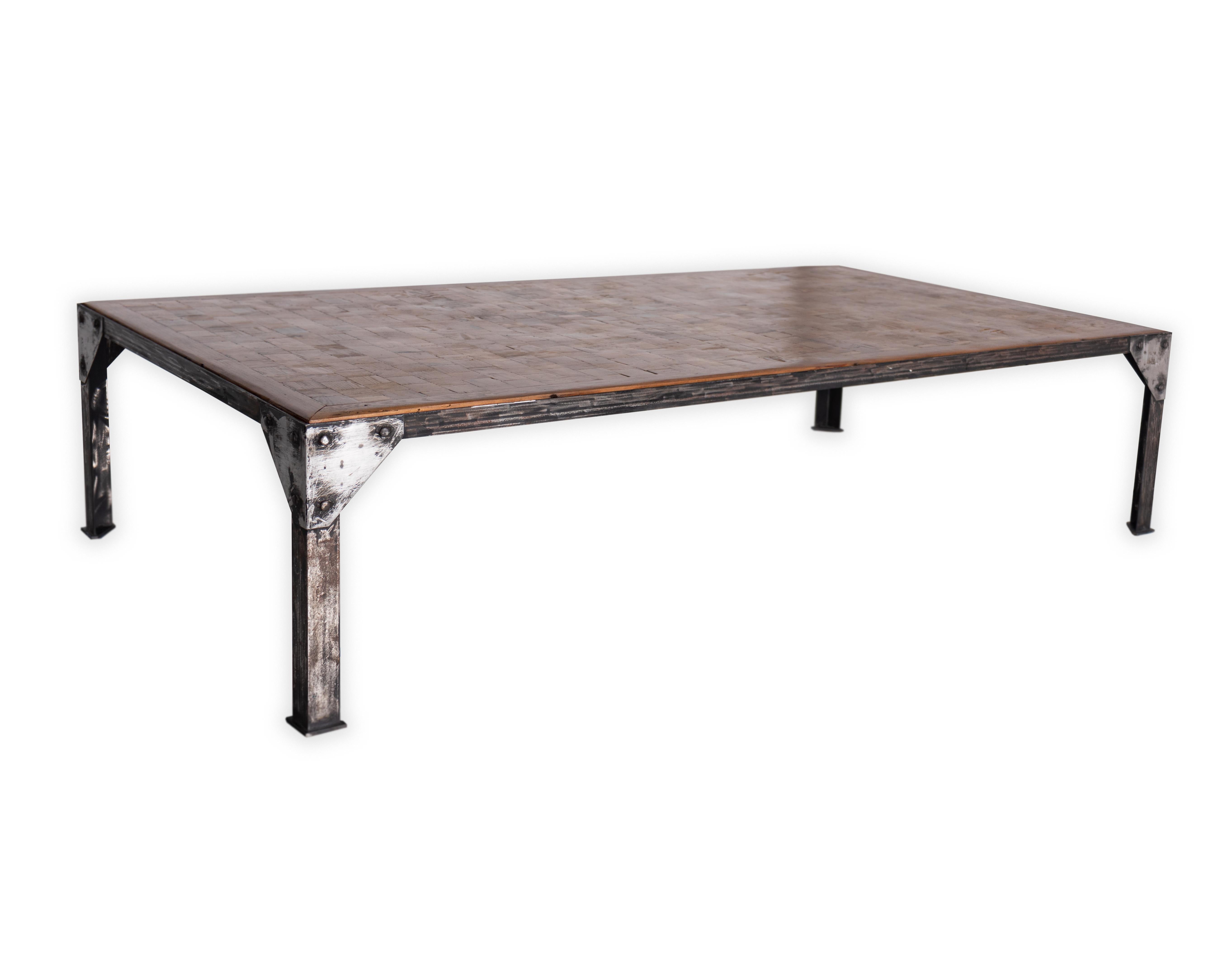 Rustic Parquetry Top Iron Base Coffee Table
