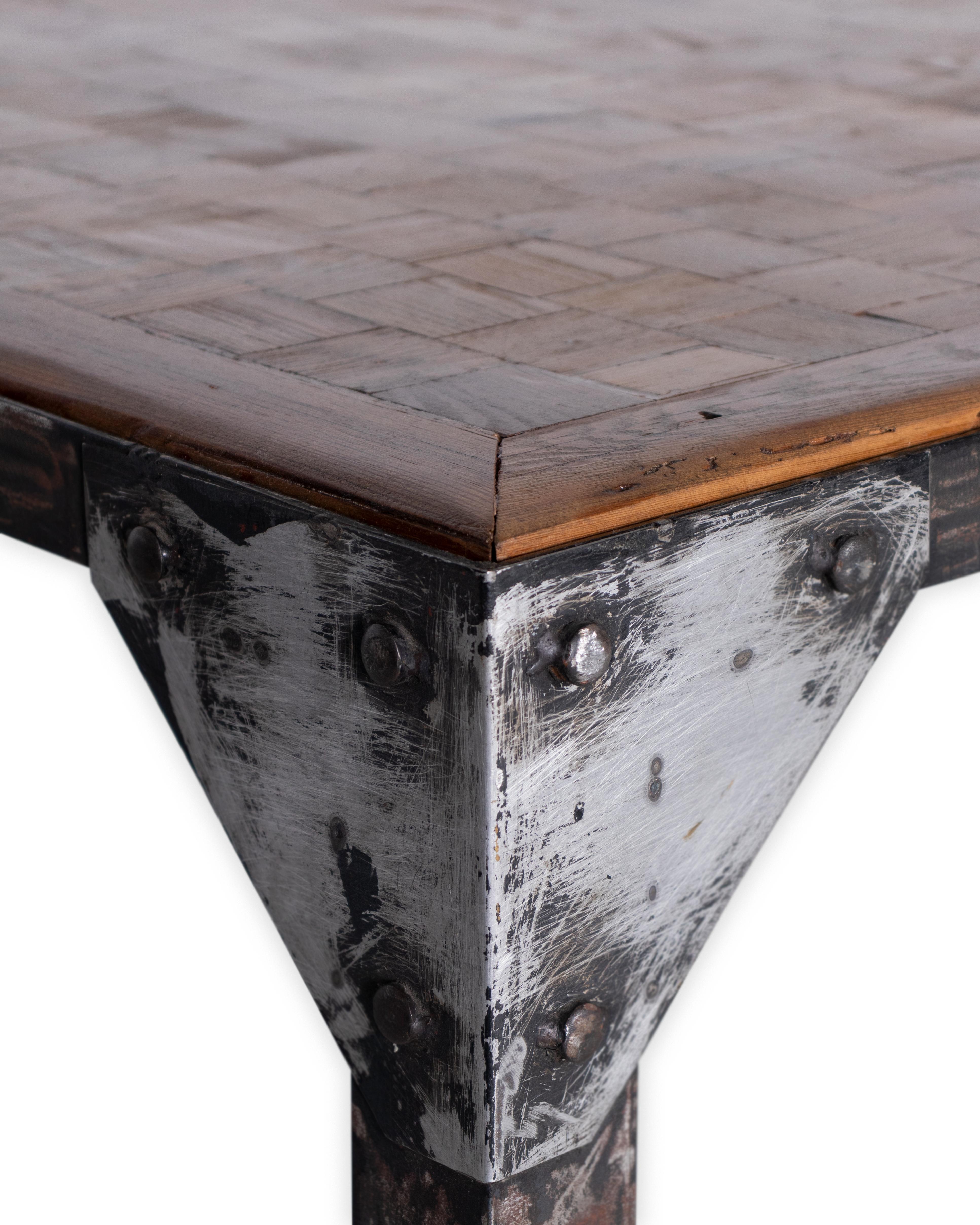 Parquetry Top Iron Base Coffee Table In Good Condition In Dallas, TX