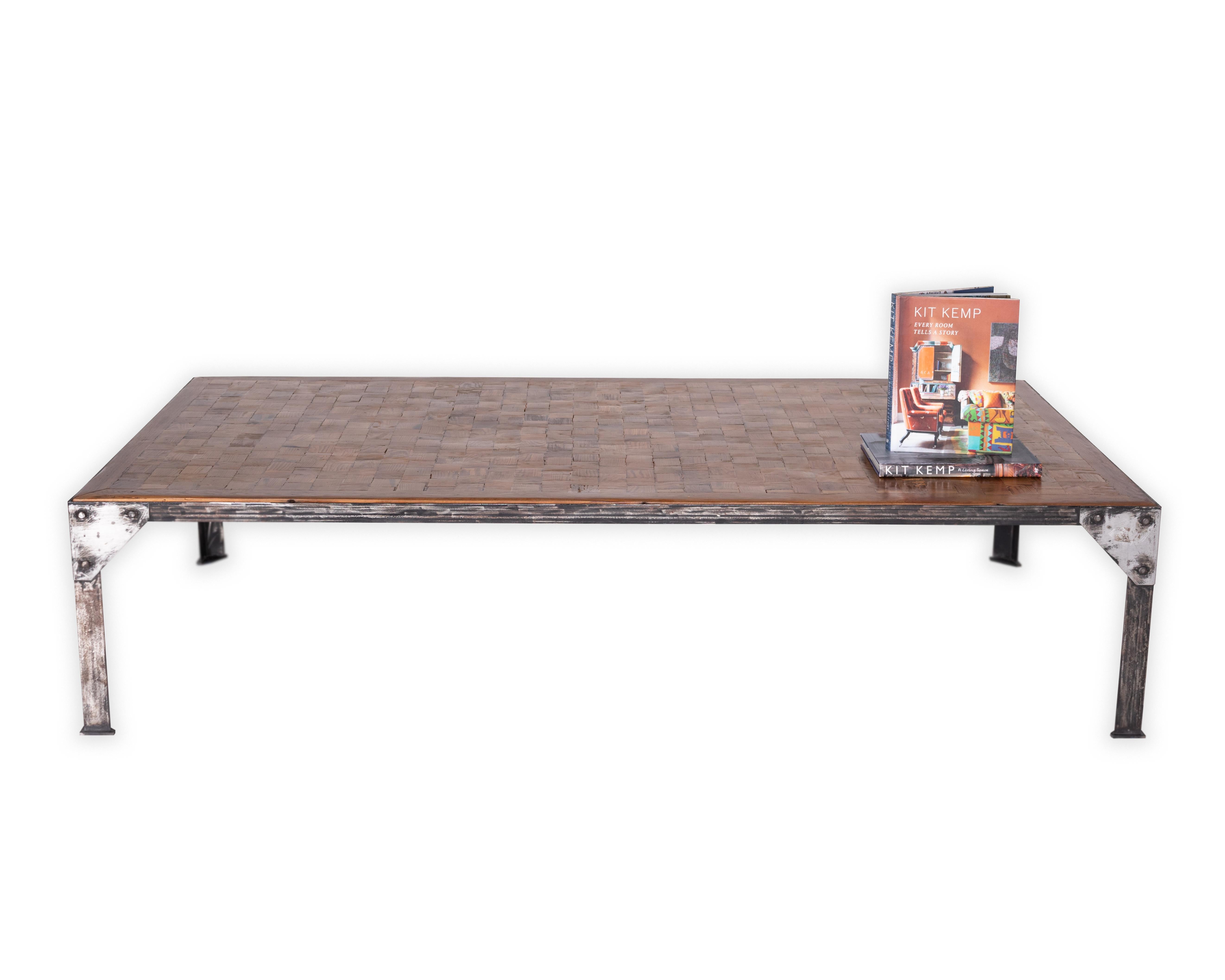 Contemporary Parquetry Top Iron Base Coffee Table