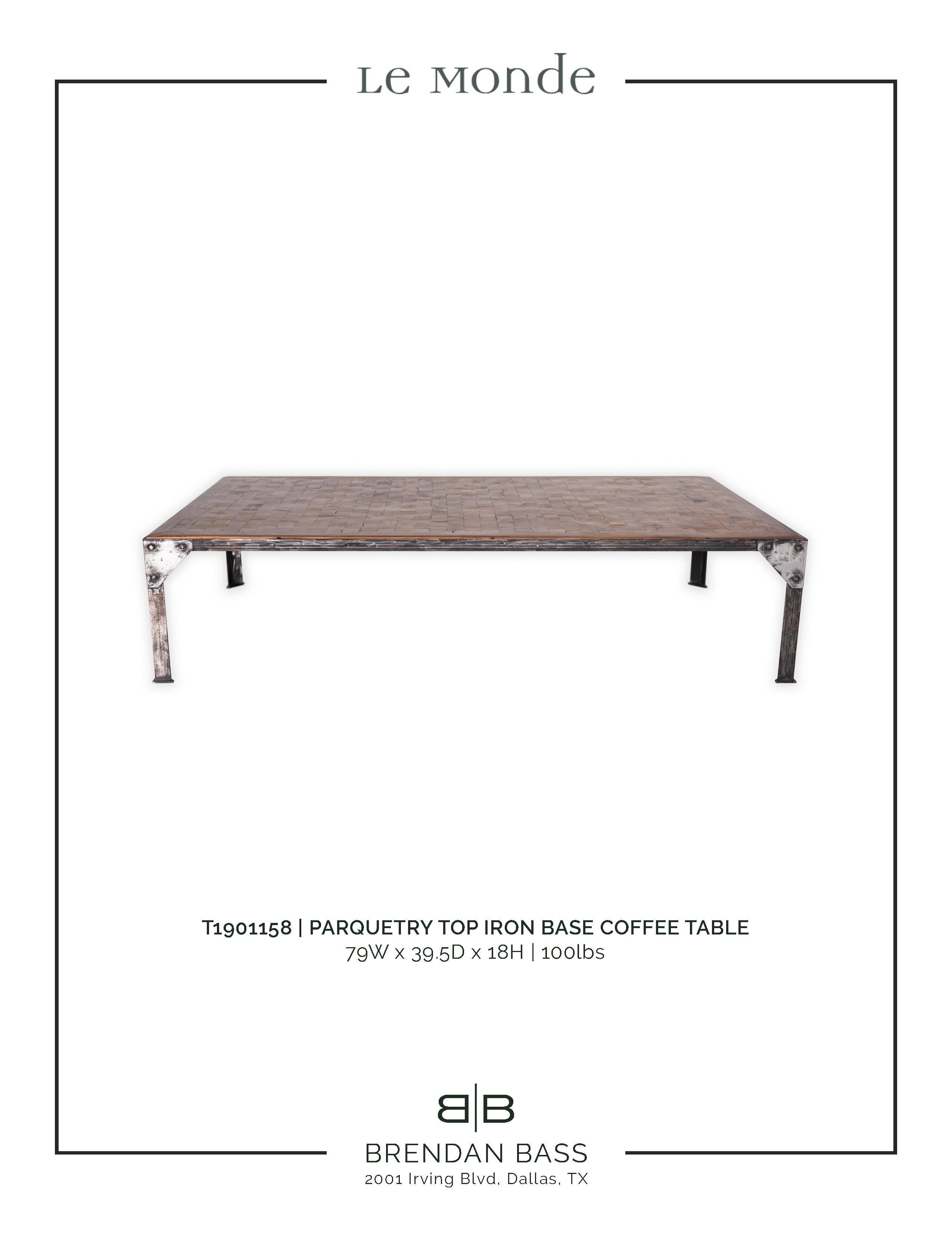 Wood Parquetry Top Iron Base Coffee Table