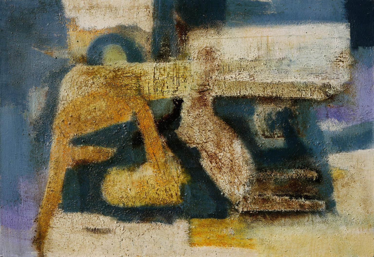 Abstract Painting Parris Jaru - Accommodations de plage - Peinture à l'huile abstraite figurative avec bleu et jaune