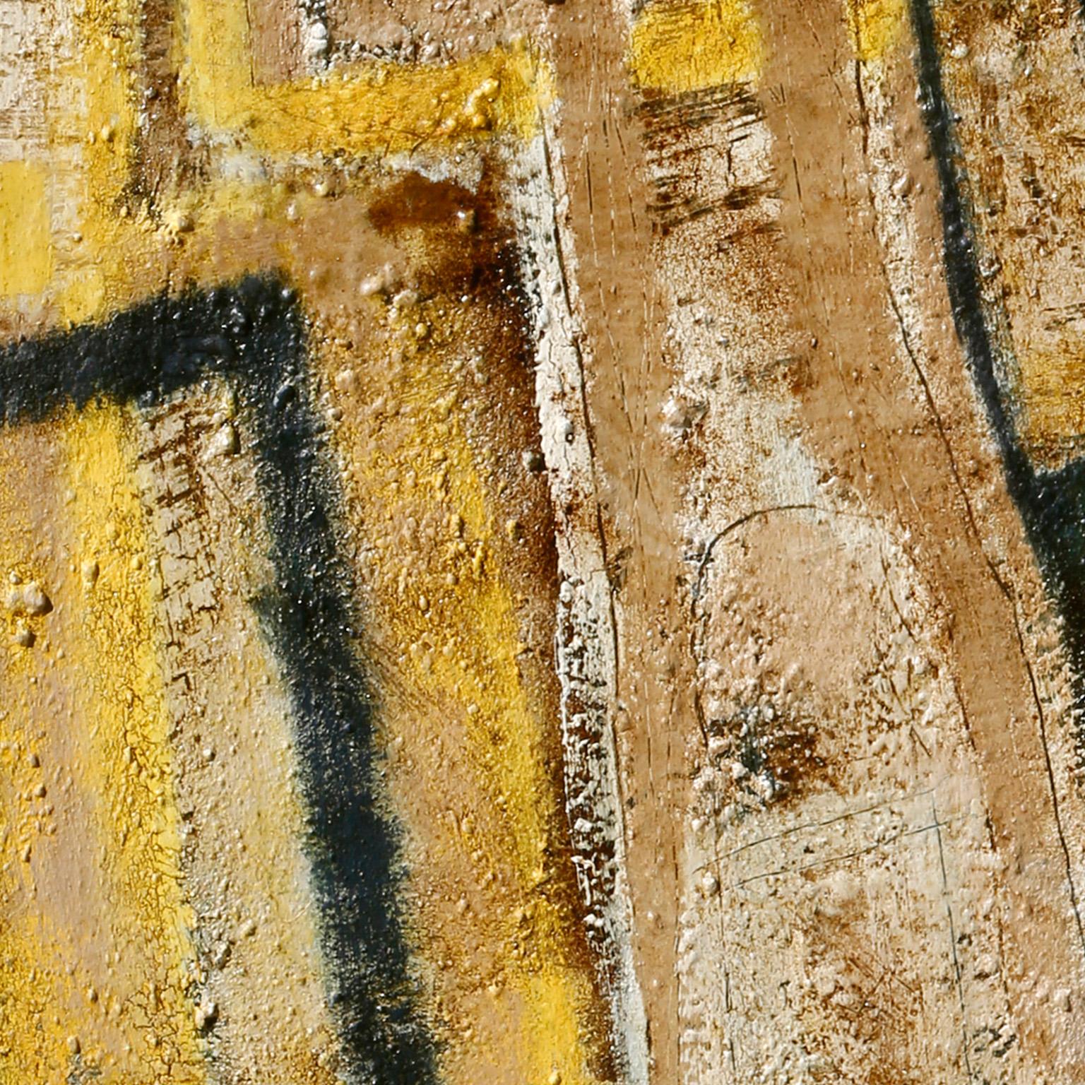 Before The People di Parris Jaru è un dipinto a olio di 54 x 37 pollici. I colori principali sono il giallo e il blu. La superficie è definita da uno spesso impasto di vernice, realizzato con pigmenti a base vegetale che Jaru raccoglie personalmente