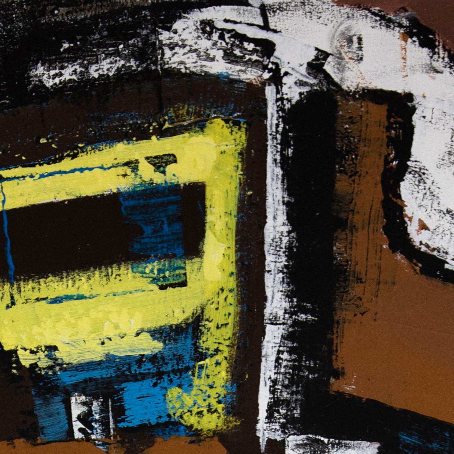 Building Babylon - Pittura astratta con colori marrone, giallo e blu - Painting di Parris Jaru