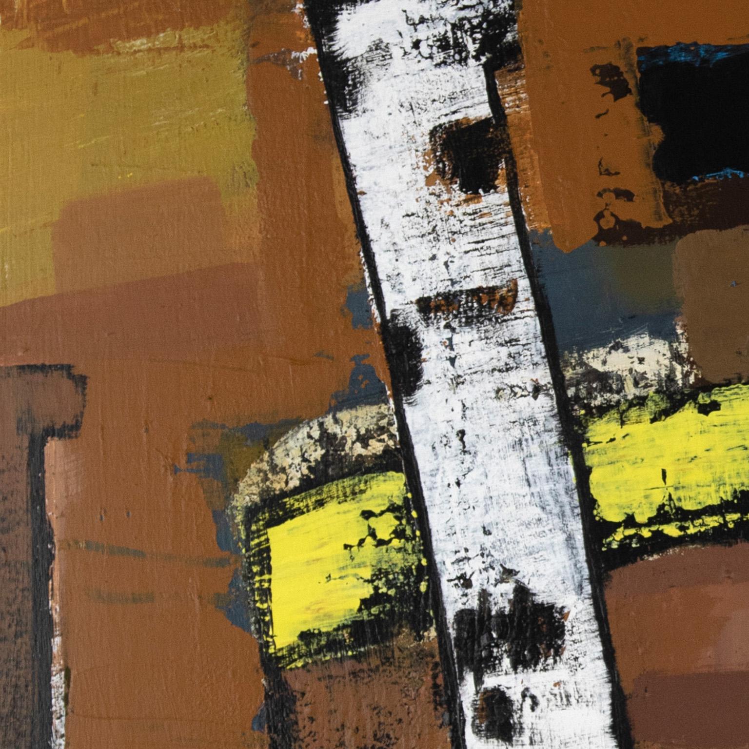 Building Babylon - Peinture abstraite aux couleurs marron, jaune et bleue - Abstrait Painting par Parris Jaru