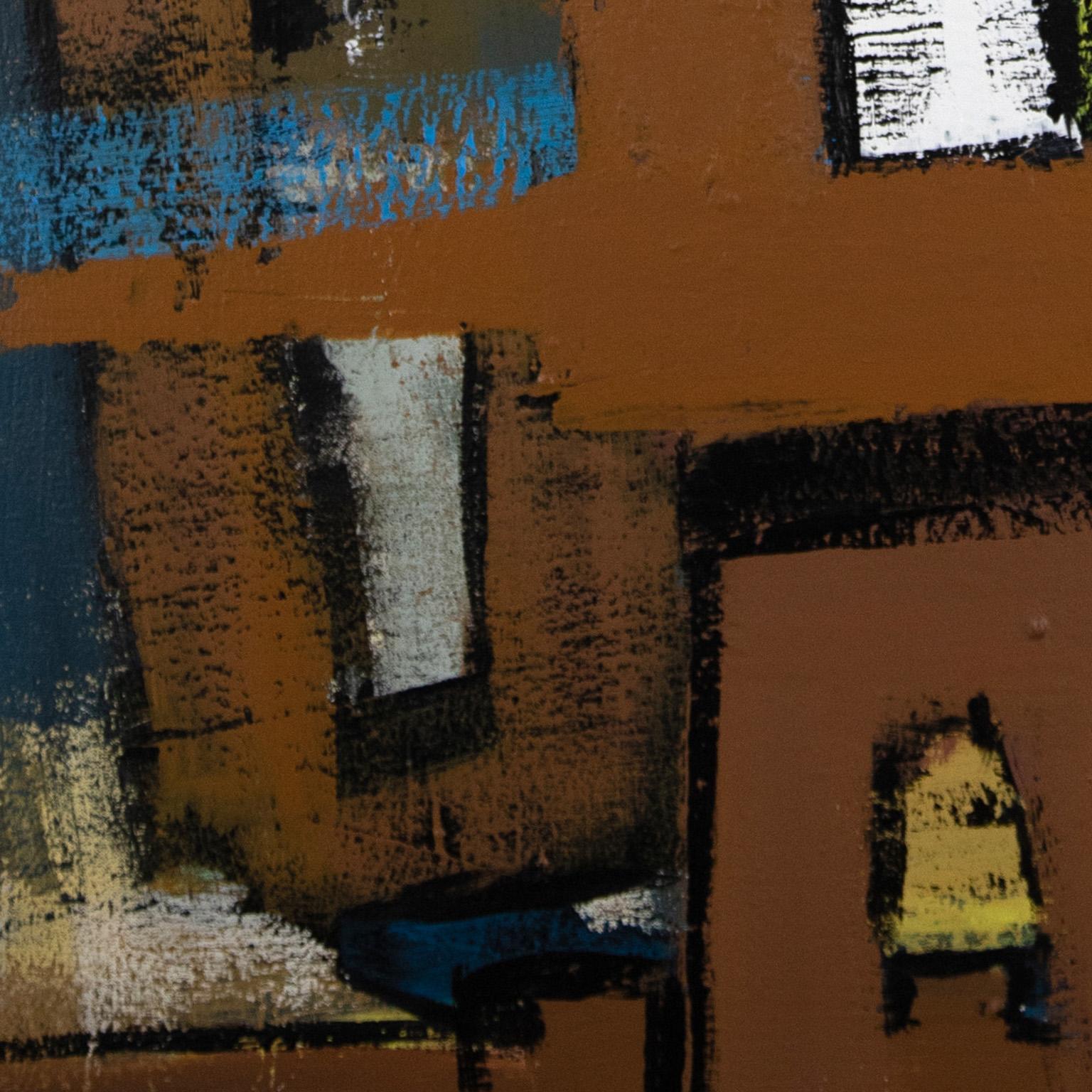 Building Babylon de Parris Jaru est une peinture à l'huile de 48 x 36 pouces. Les couleurs principales sont le bleu, le jaune et le marron. La surface est définie par un épais empâtement de peinture, réalisé avec des pigments d'origine végétale que