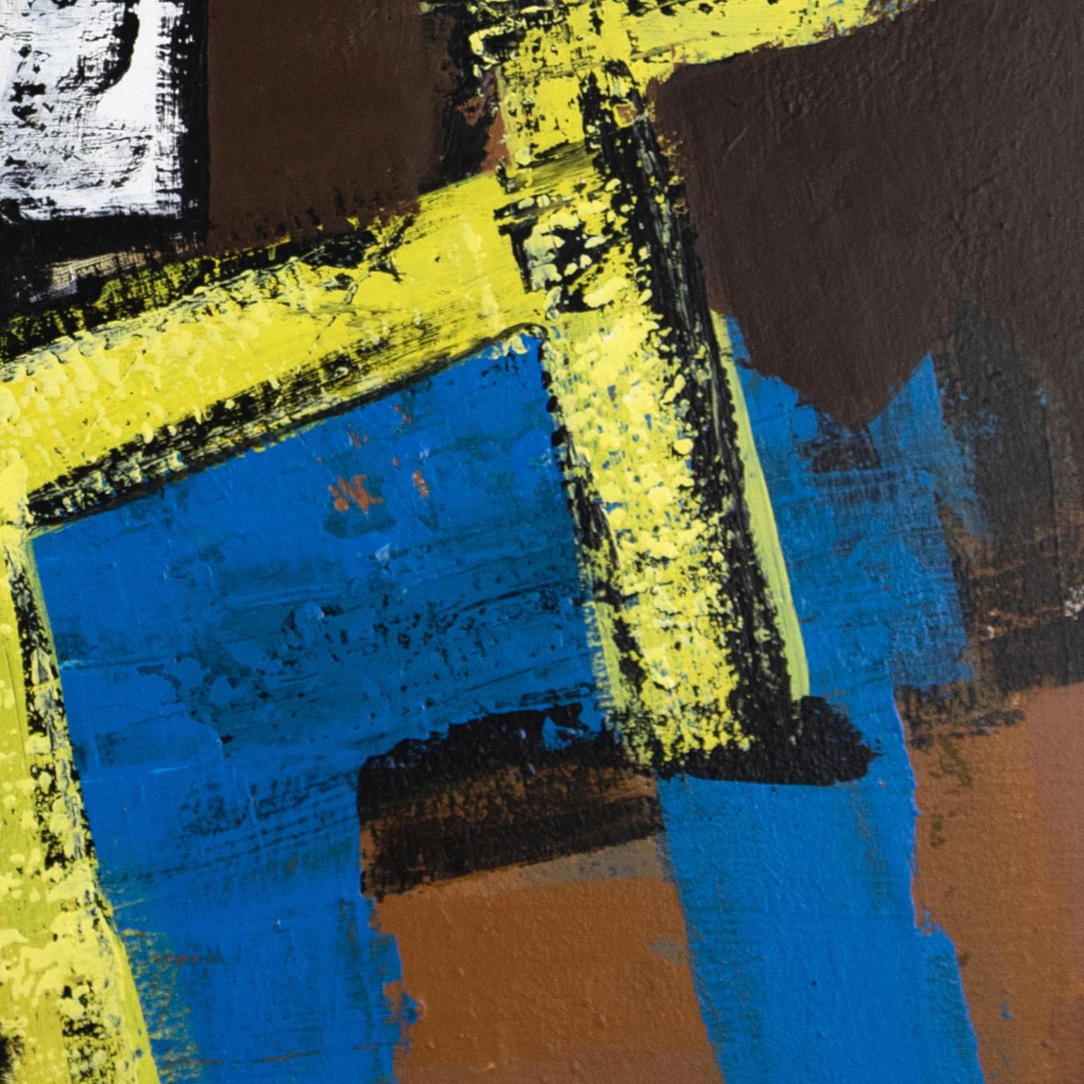 Building Babylon di Parris Jaru è un dipinto a olio di 48 x 36 pollici. I colori principali sono il blu, il giallo e il marrone. La superficie è definita da uno spesso impasto di vernice, realizzato con pigmenti a base vegetale che Jaru raccoglie