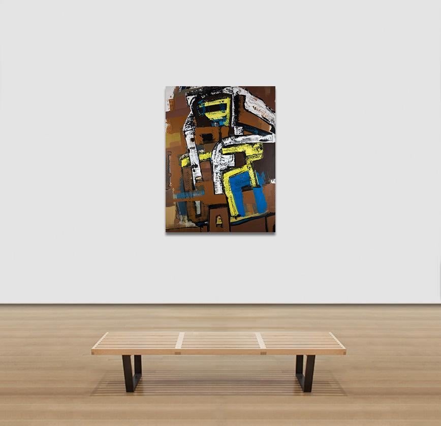 Building Babylon - Abstract Painting with Brown, Yellow and Blue Colors For Sale 2