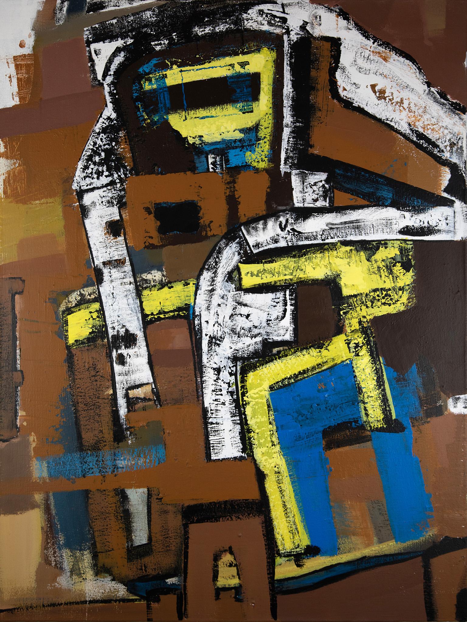Parris Jaru Animal Painting - Building Babylon - Abstract Painting with Brown, Yellow and Blue Colors