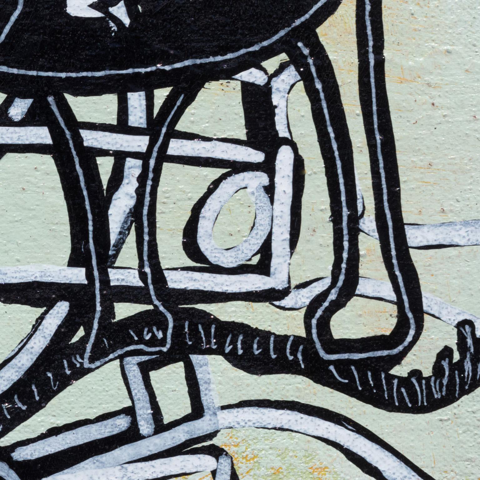 Gun Control de Parris Jaru est une peinture à l'huile surréaliste de 9 x 12 pouces représentant un chien, un canard et un pistolet. Les couleurs primaires sont l'orange vif et le noir. Un épais empâtement de peinture recouvre la surface. Jaru crée