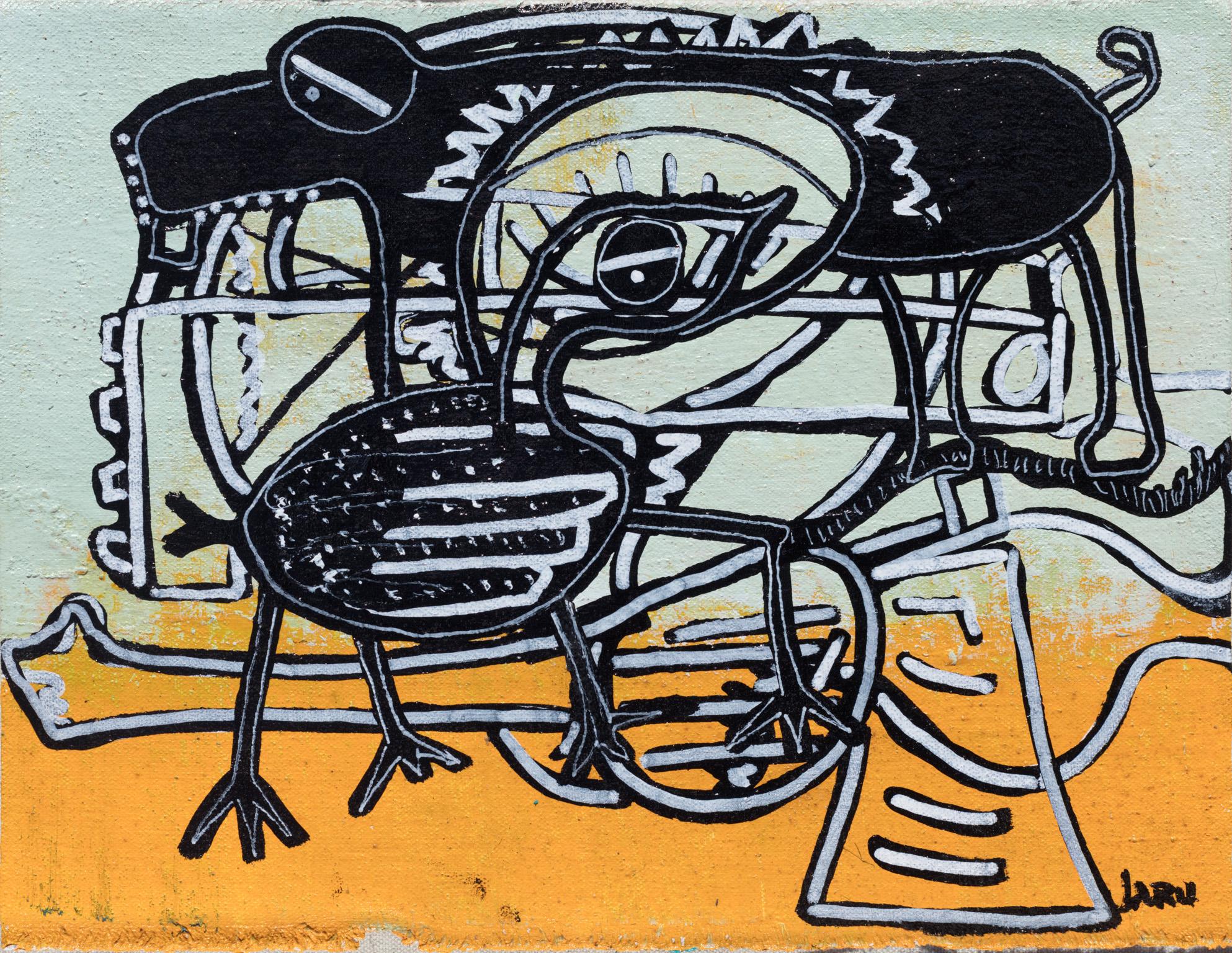 Parris Jaru Figurative Painting – Gun Control – Surrealistisches gelbes und schwarzes Gemälde einer Ente, eines Hundes und eines Gewehrs