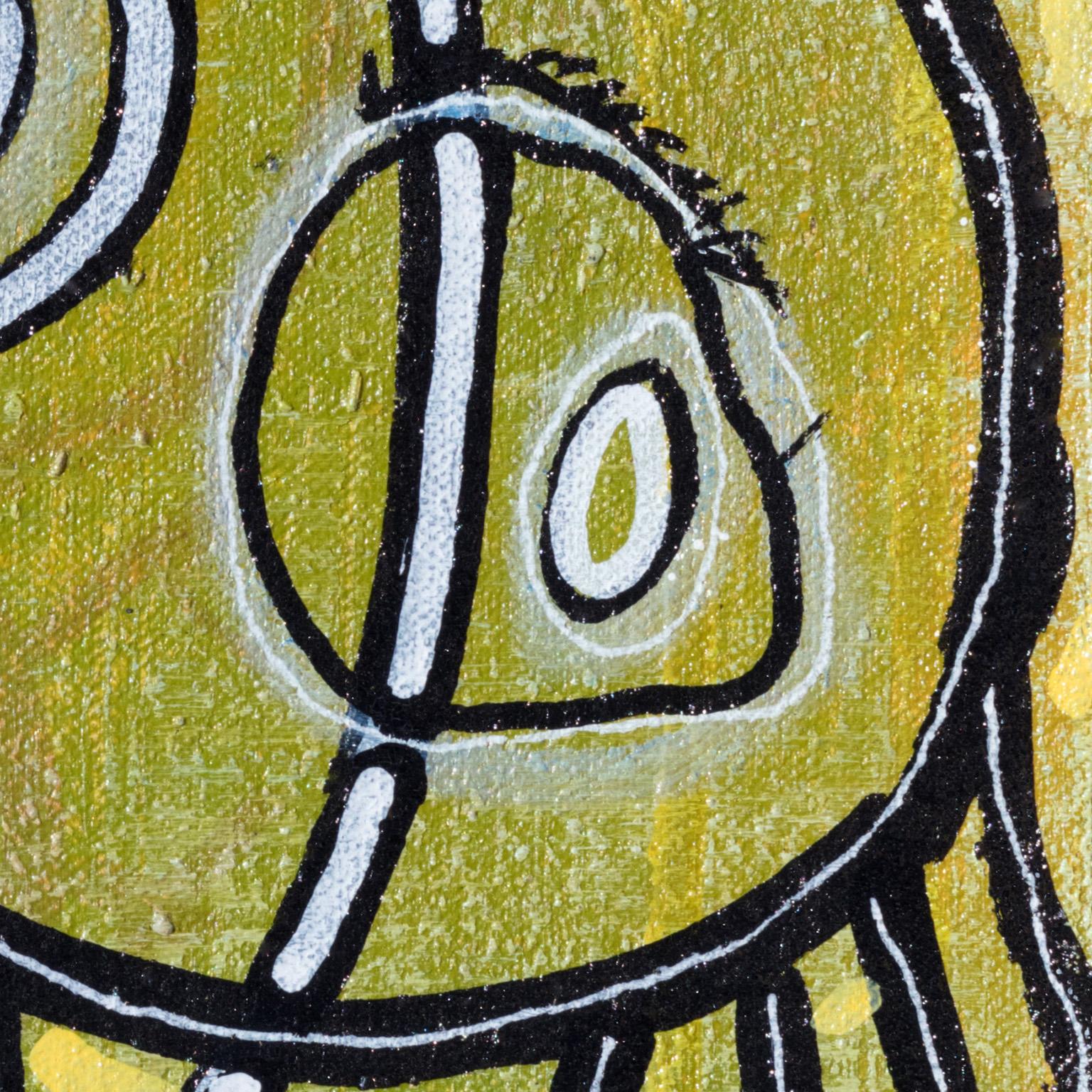 Me tragué un pez dorado - Pintura figurativa surrealista con amarillo y verde - Figurative Painting Marrón de Parris Jaru