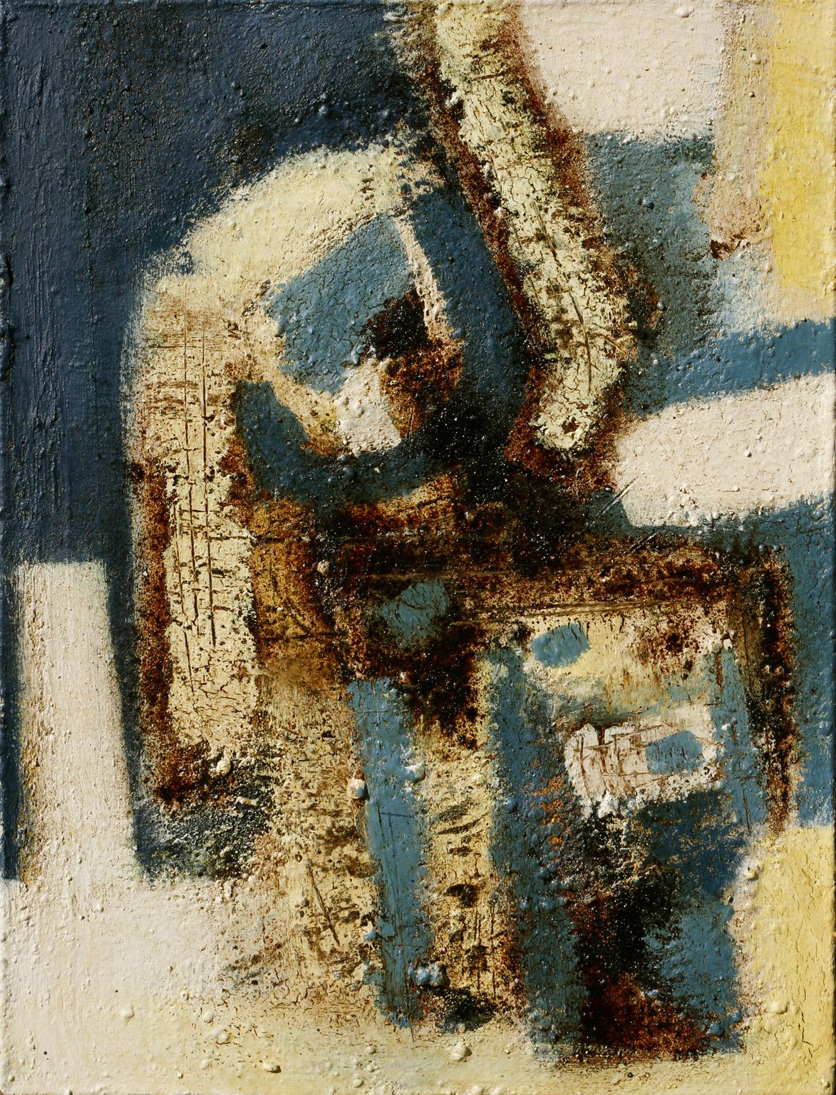 Abstract Painting di Parris Jaru - Tra le mie braccia - Pittura ad olio astratta e figurativa con colori blu e ruggine