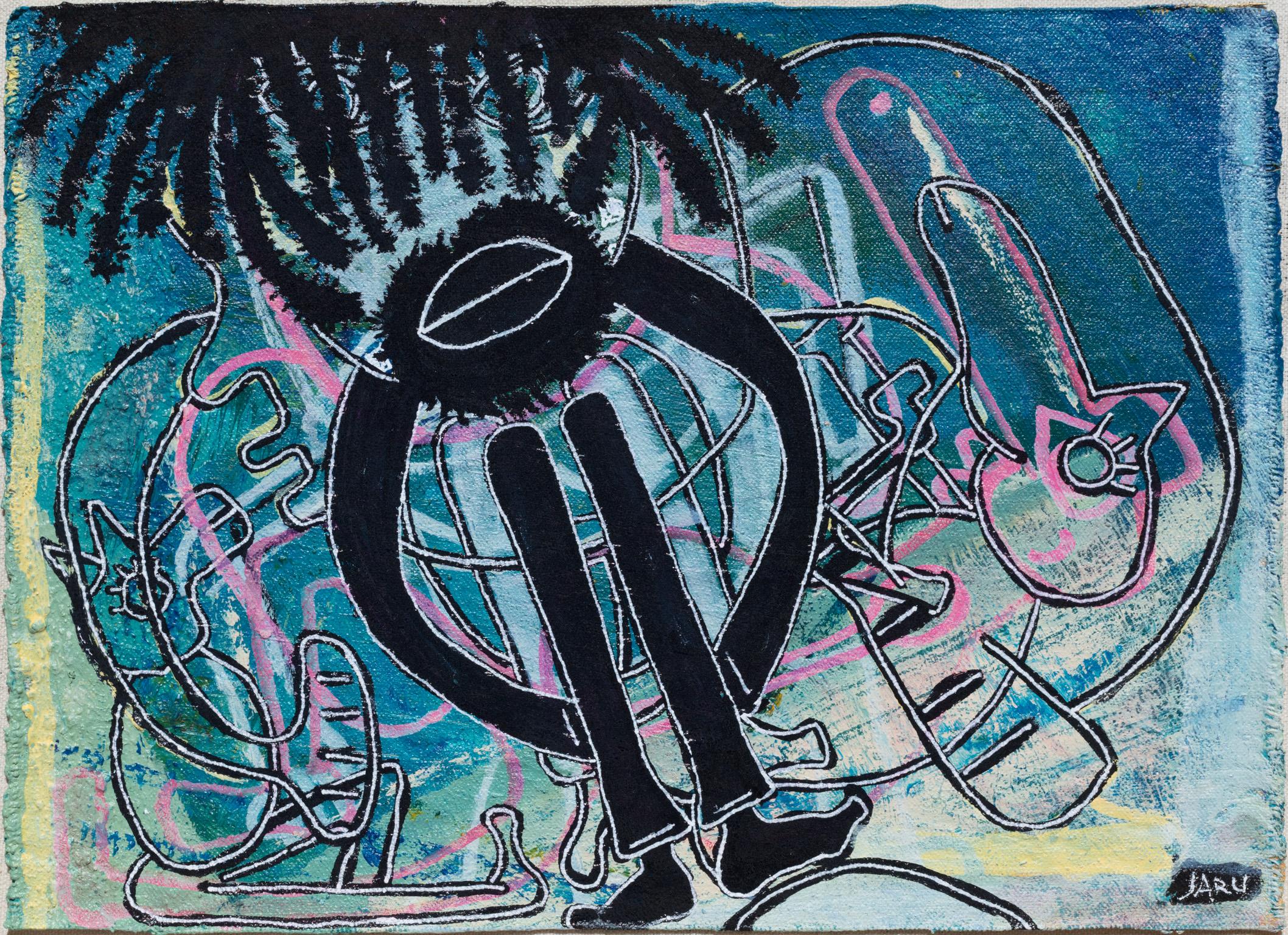 Parris Jaru's International Farmer is a 9 x 12 inches surrealist oil painting. The main color is blue. Animals simply outlined by a black and white mark are recognizable in the background while a surreal human figure, whit a spider like haircut