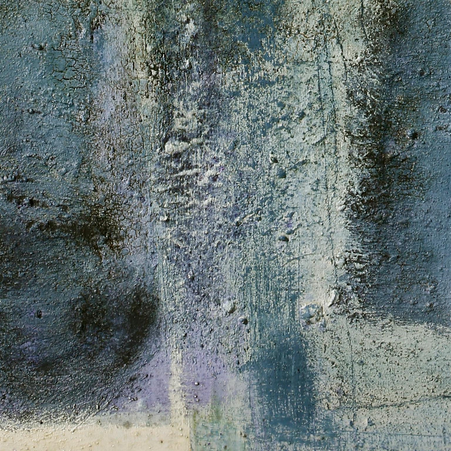 Obvious Reasons - Abstract Versus Figurative Painting with Aqua Blue Colors - Gray Abstract Painting by Parris Jaru