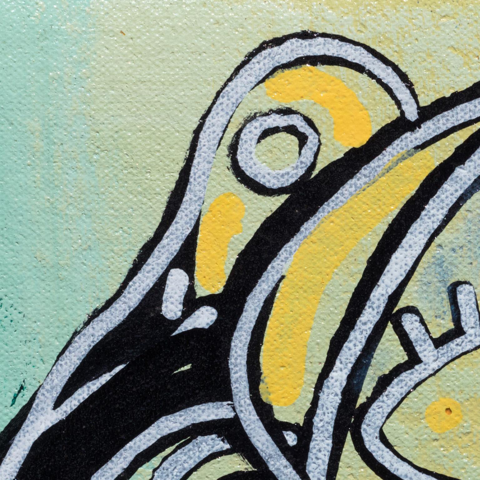 Parris Jaru's Octopus Huggs ist ein 8 x 9 Zoll großes surrealistisches Ölgemälde. Die Hauptfarben sind blau und gelb. Der Künstler schuf eine surrealistische Darstellung eines menschlichen Gesichts, das von Meerestieren bestimmt wird. Bei näherem