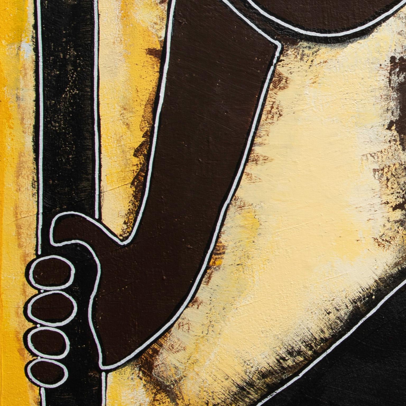 Rites de passage de Parris Jaru est une composition imposante qui capture l'essence de la transformation et de la résilience. La figure, peinte en brun profond sur un fond jaune vif, tient une lance, incarnant à la fois la force et le symbolisme