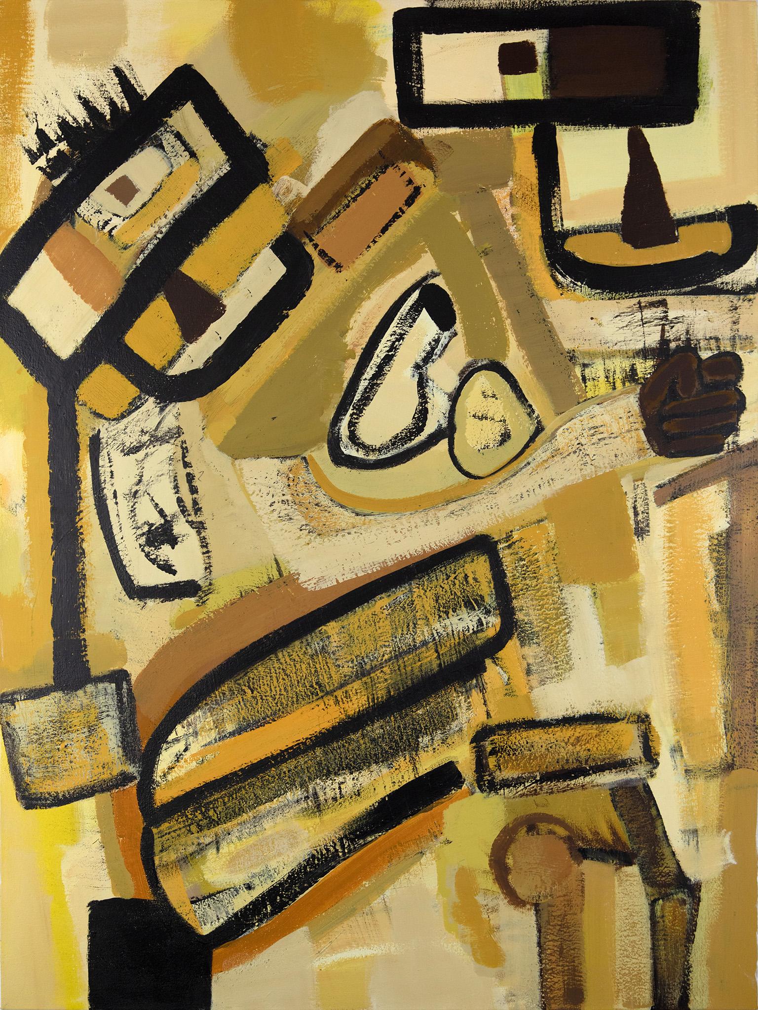 Parris Jaru's The Great Emancipation is a 48 x 36 inches oil painting. The main colors are yellow and brown. The surface is defined by a thick impasto of paint, made with plant-based pigments that Jaru collects himself during his long exploratory