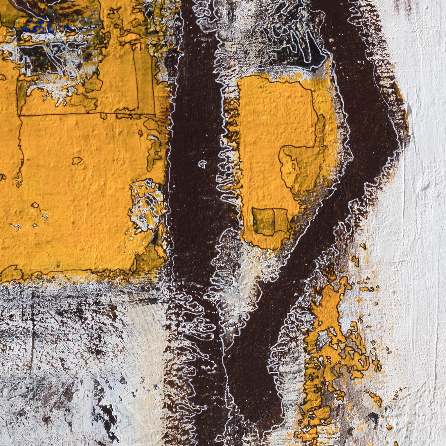 Parris Jaru's Walking the Continuous Path is a 48 x 34 inches abstract oil paint. The main colors are yellow, brown and white. The image represent two horses. The surface is defined by a thick impasto of paint, made with plant based pigments that