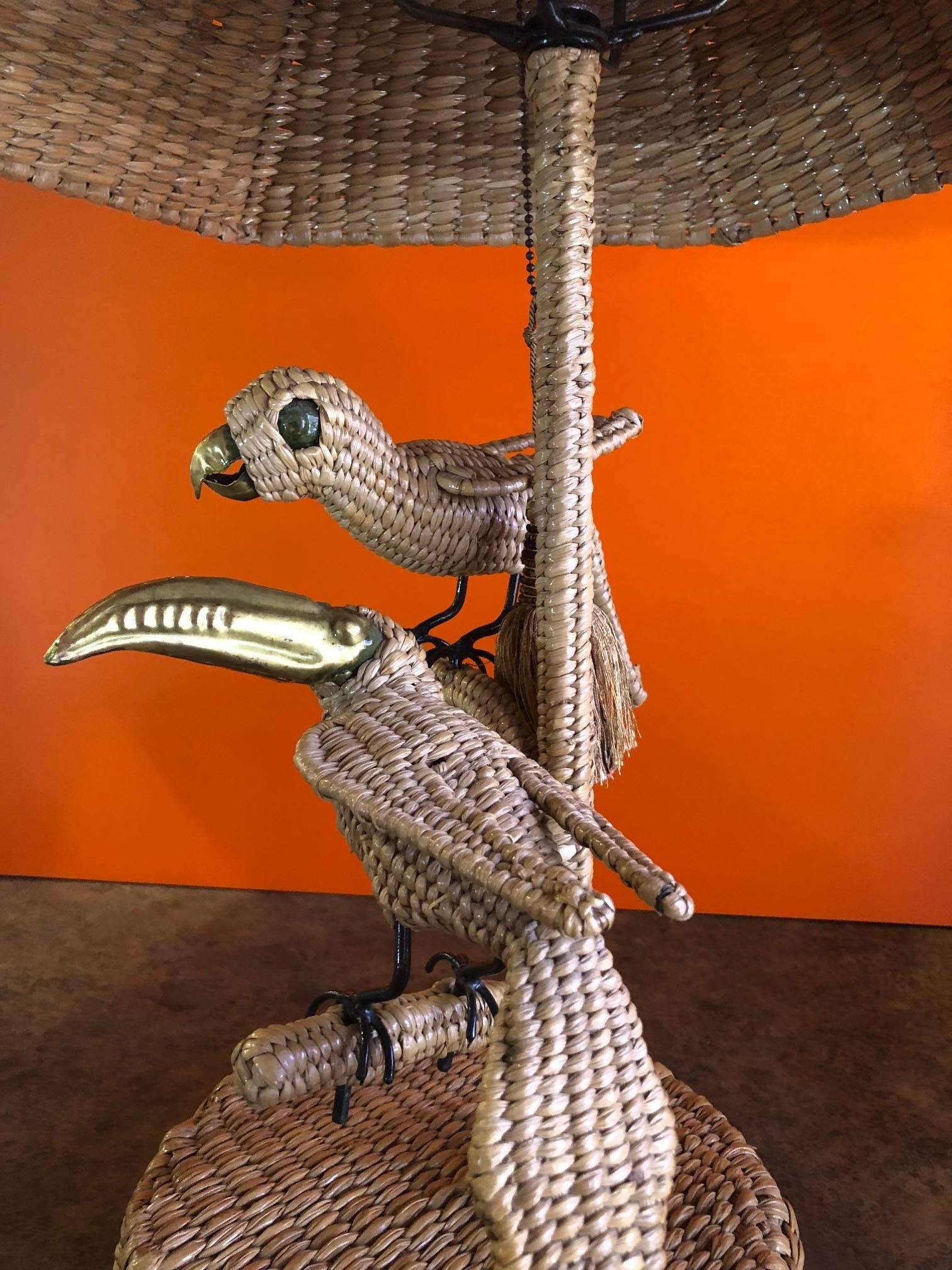 Mid-Century Modern Parrot & Toucan Wicker Table Lamp by Mario Lopez Torres