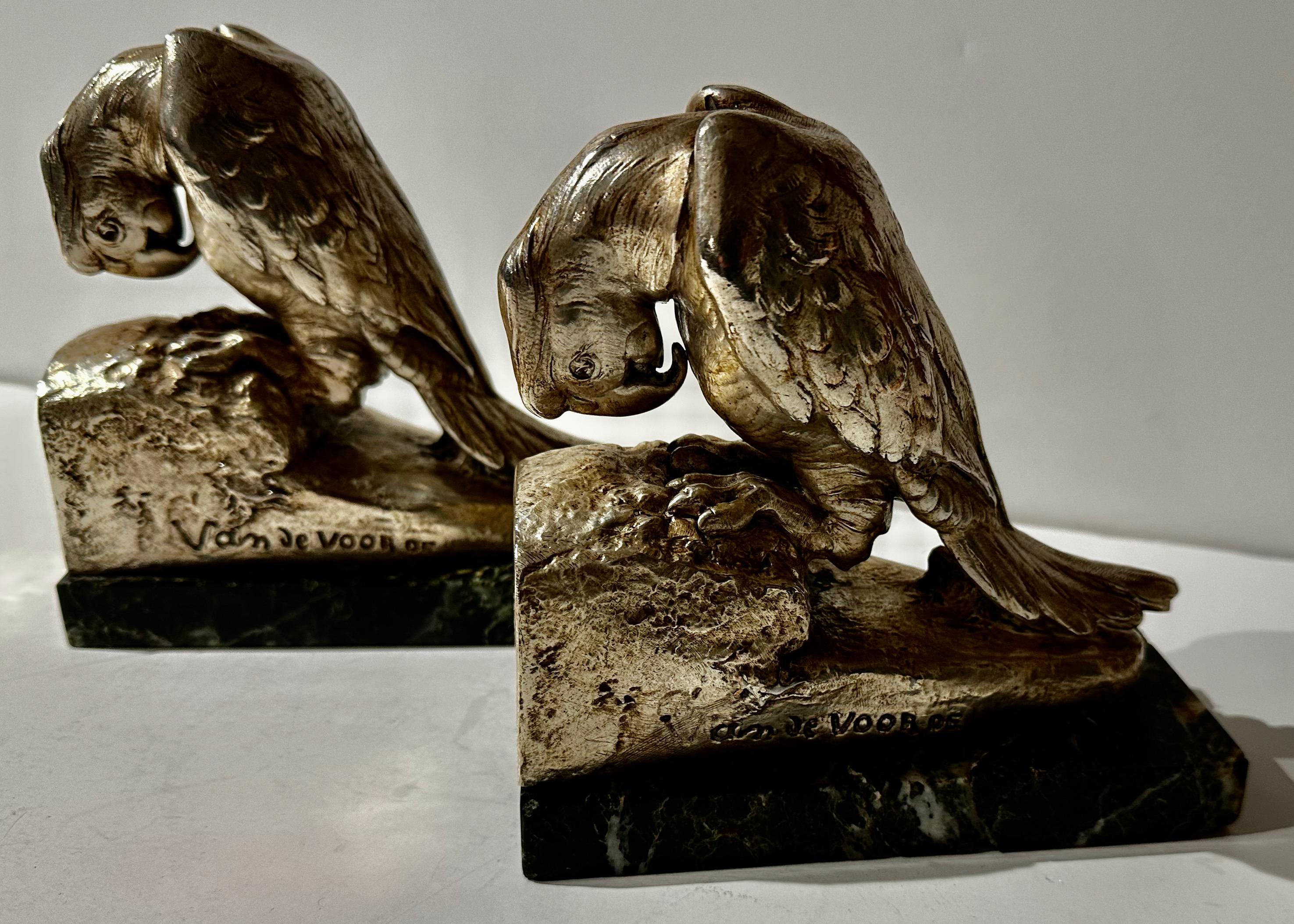 Parrot Art Deco Bookends by Georges Vandevoorde Silver Finish In Good Condition In Oakland, CA