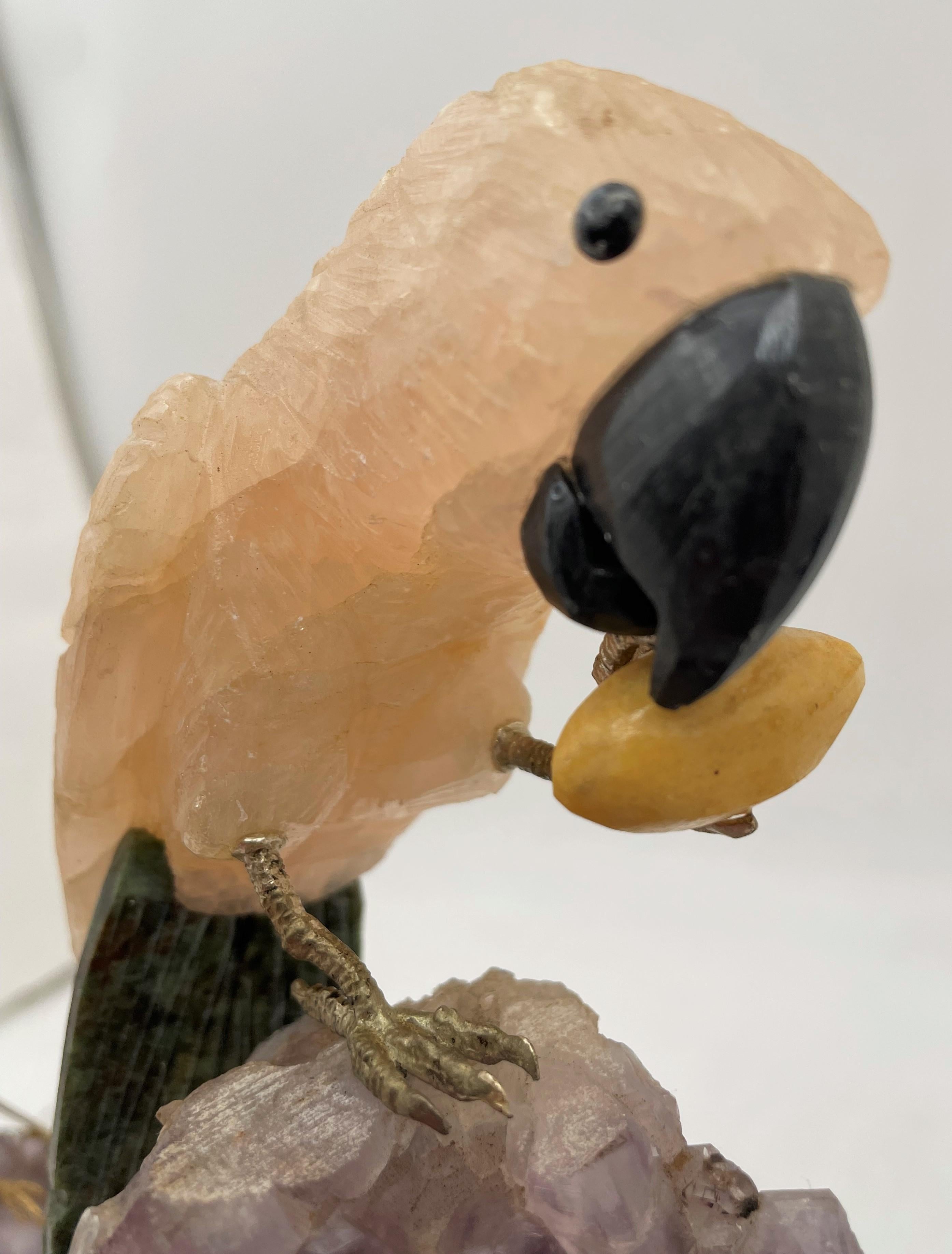 Parrot Bird Carved Stone Sculpture on Amethyst In Good Condition For Sale In New York, NY