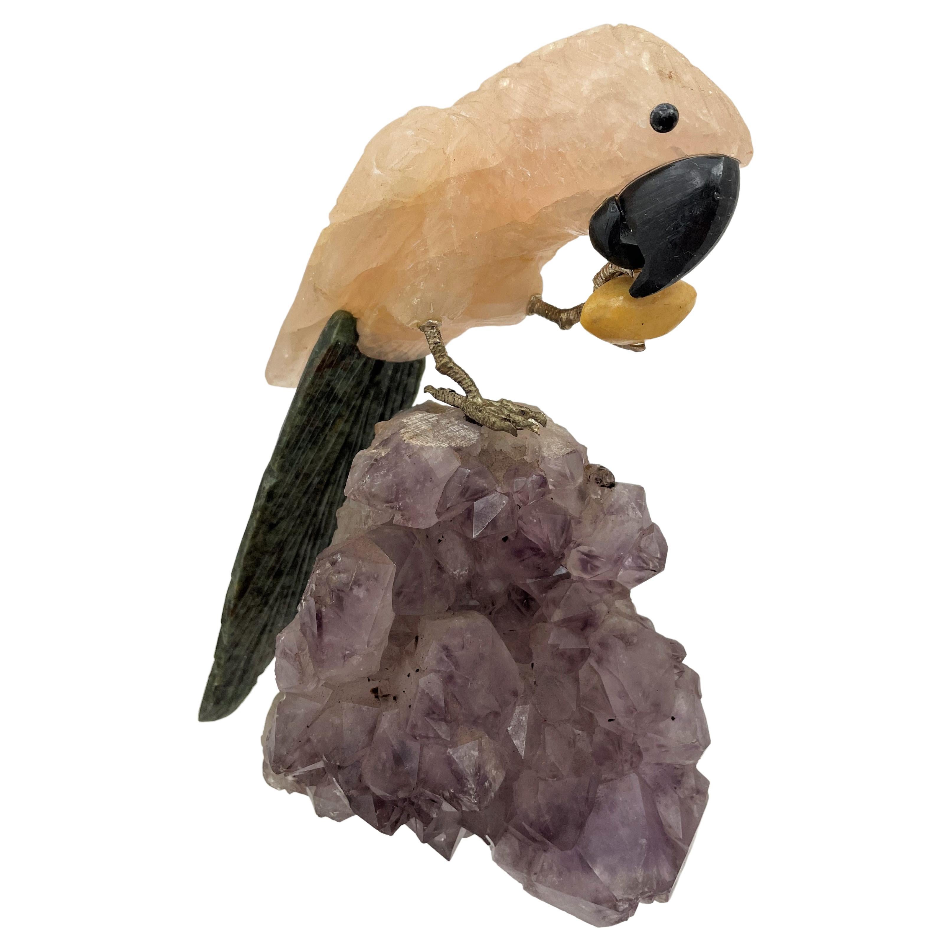 Parrot Bird Carved Stone Sculpture on Amethyst For Sale