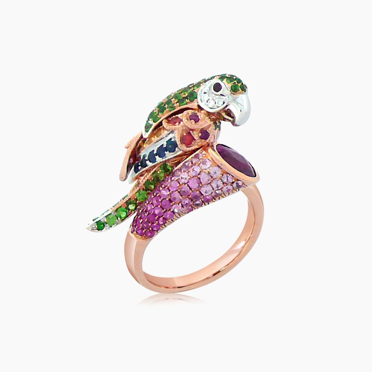 Taille mixte Oiseau perroquet Bague en or rose 18 carats grenat vert diamant saphir et tourmaline en vente