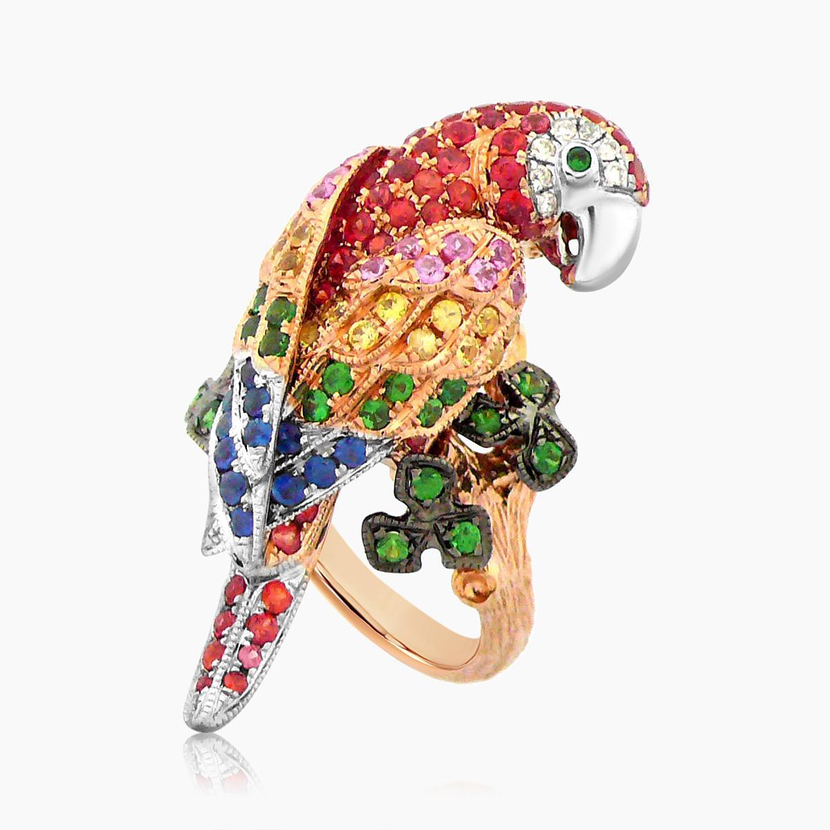 Taglio misto Pappagallo Uccello Multi Colore Zaffiri Arancio Diamante e Granato Anello in oro 18K Tri in vendita