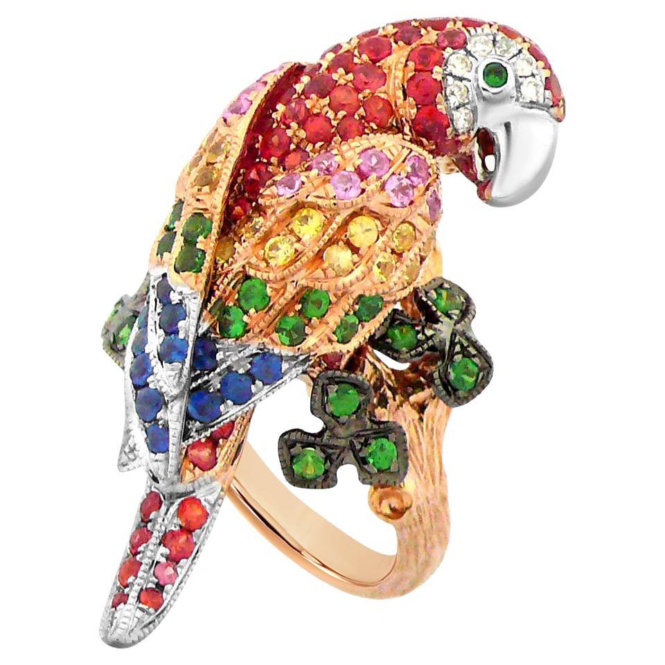 Pappagallo Uccello Multi Colore Zaffiri Arancio Diamante e Granato Anello in oro 18K Tri