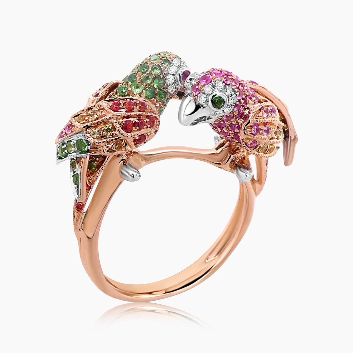 Taglio misto Anello con uccello pappagallo, zaffiro multicolore, rubino, diamante e granato in oro rosa 18 carati in vendita