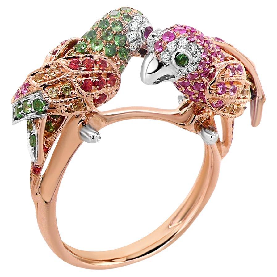 Anello con uccello pappagallo, zaffiro multicolore, rubino, diamante e granato in oro rosa 18 carati